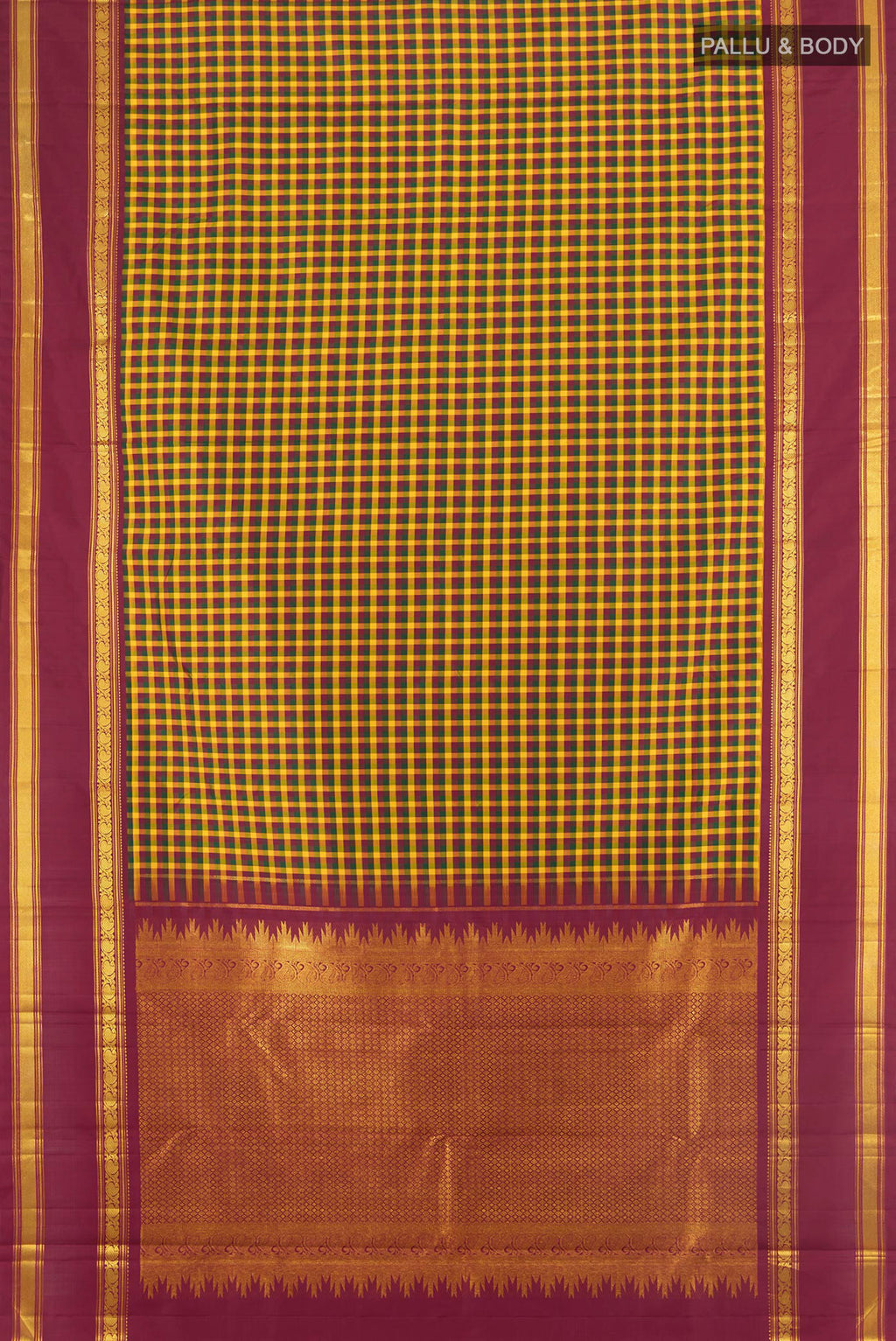 Flat view of Pure Silk Pure Zari Multi Color Kanchipuram Saree with Checked design on the body and Plain Border. 