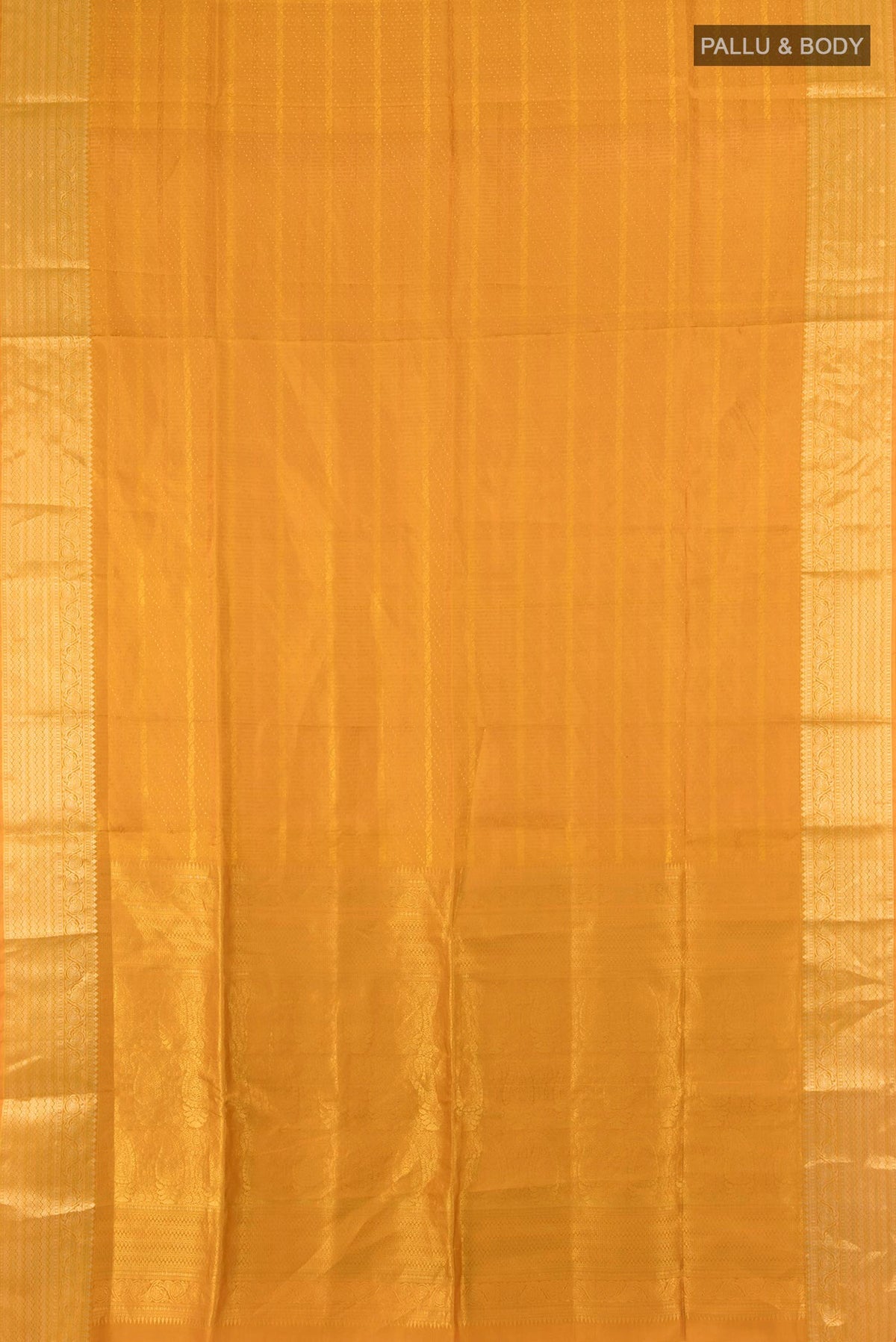 Flat view of Pure Silk Mustard Soft Saree with Jacquard design on the body and Zari Border. 