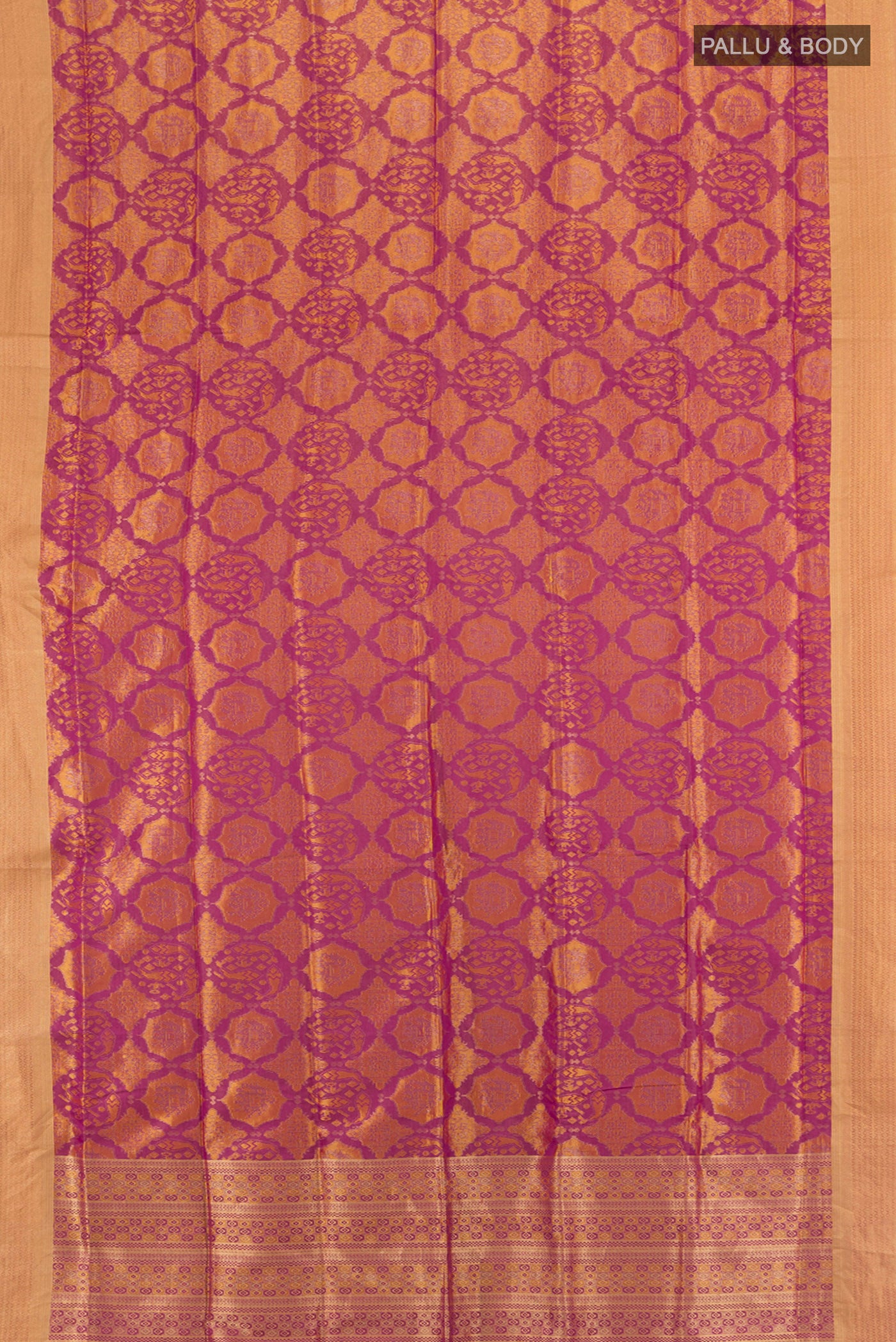 Flat view of Purple Soft Silk Saree with Zari Butta on the body and Silk Border. 