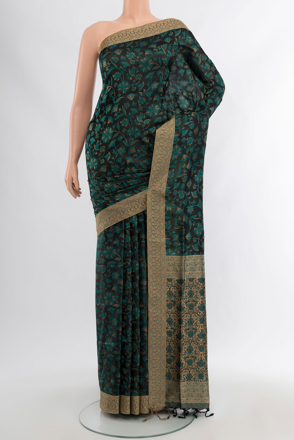 Black Soft Silk Saree with Jacquard design on the body and Thread Border.  displayed on a mannequin