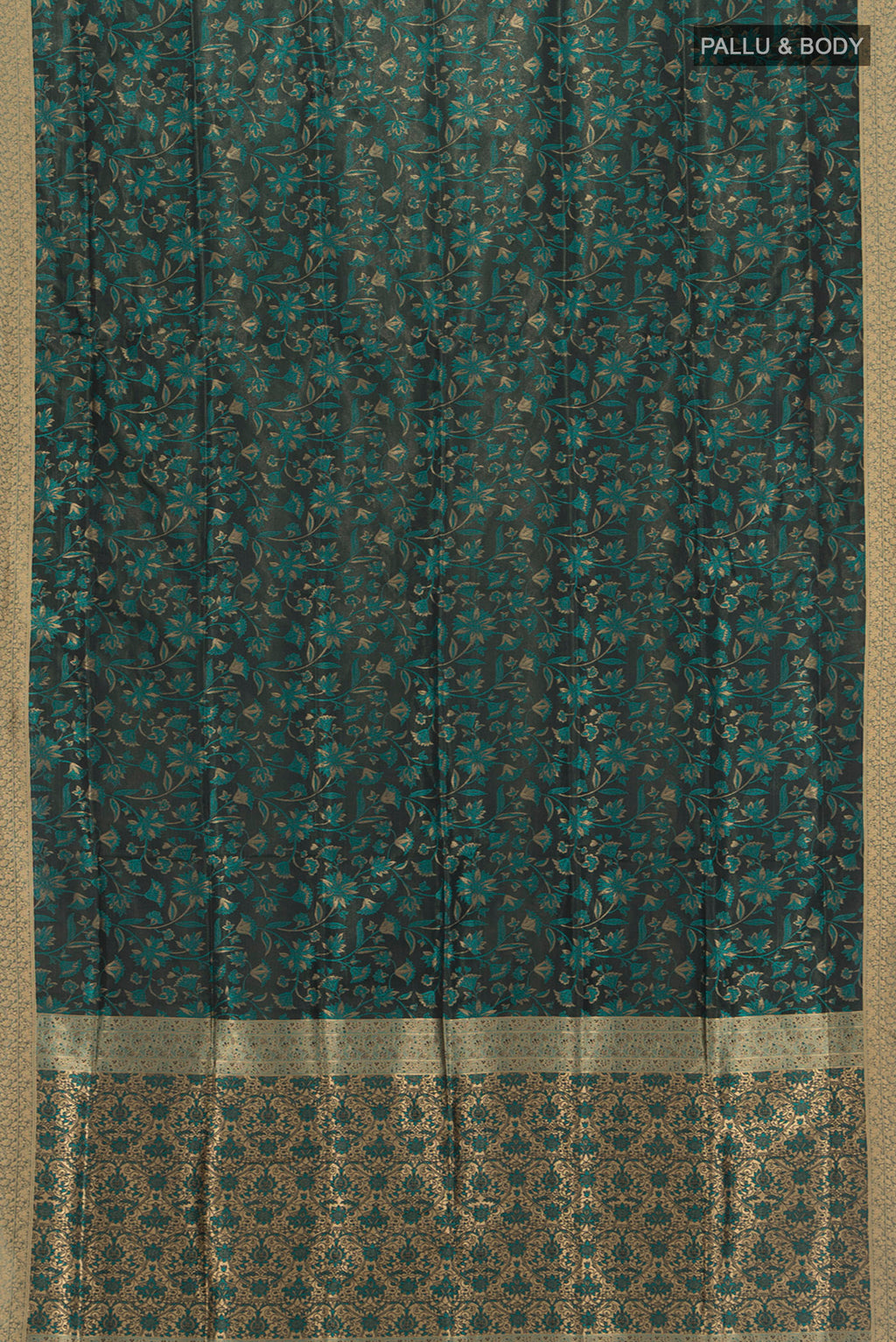 Flat view of Black Soft Silk Saree with Jacquard design on the body and Thread Border. 