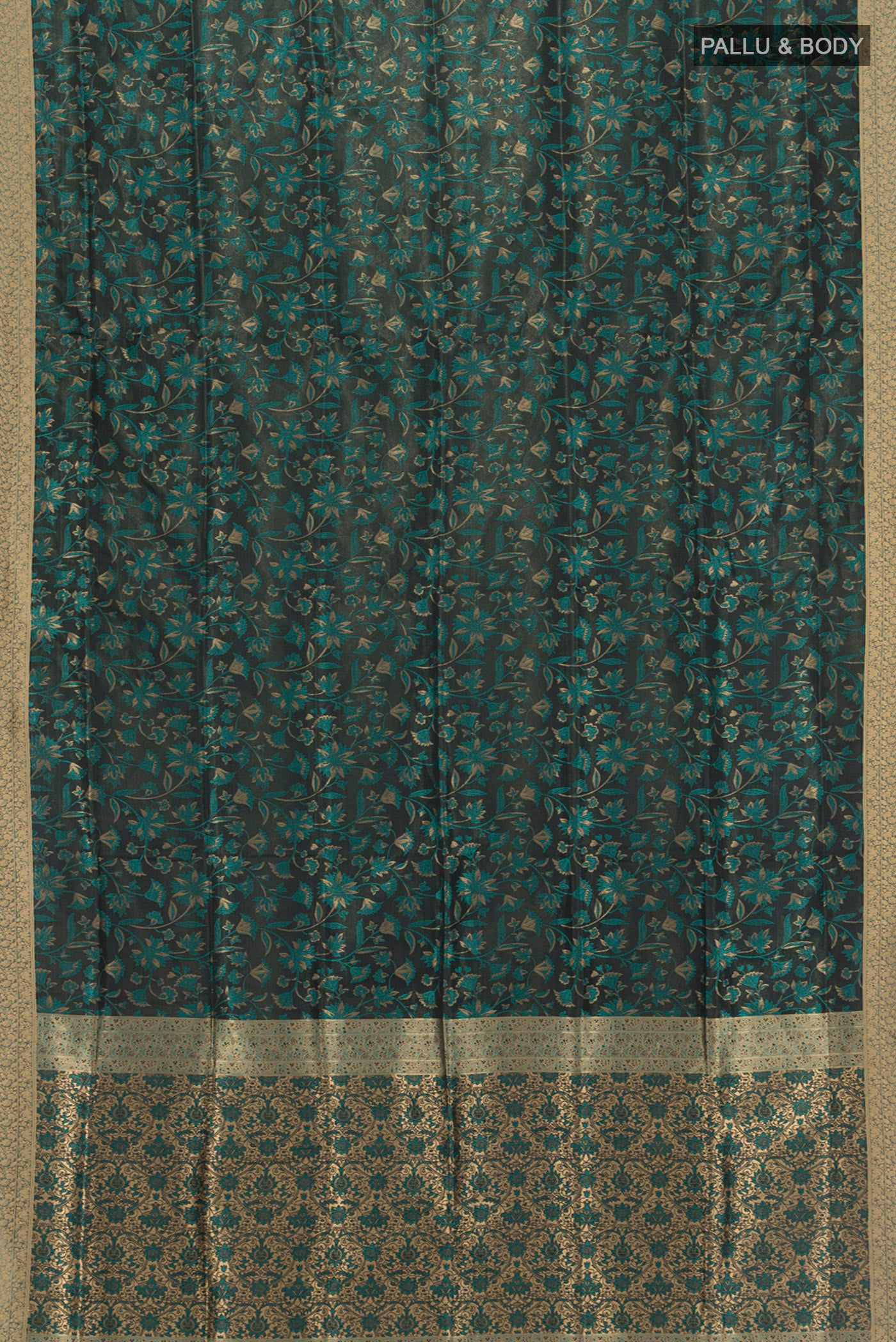 Flat view of Black Soft Silk Saree with Jacquard design on the body and Thread Border. 