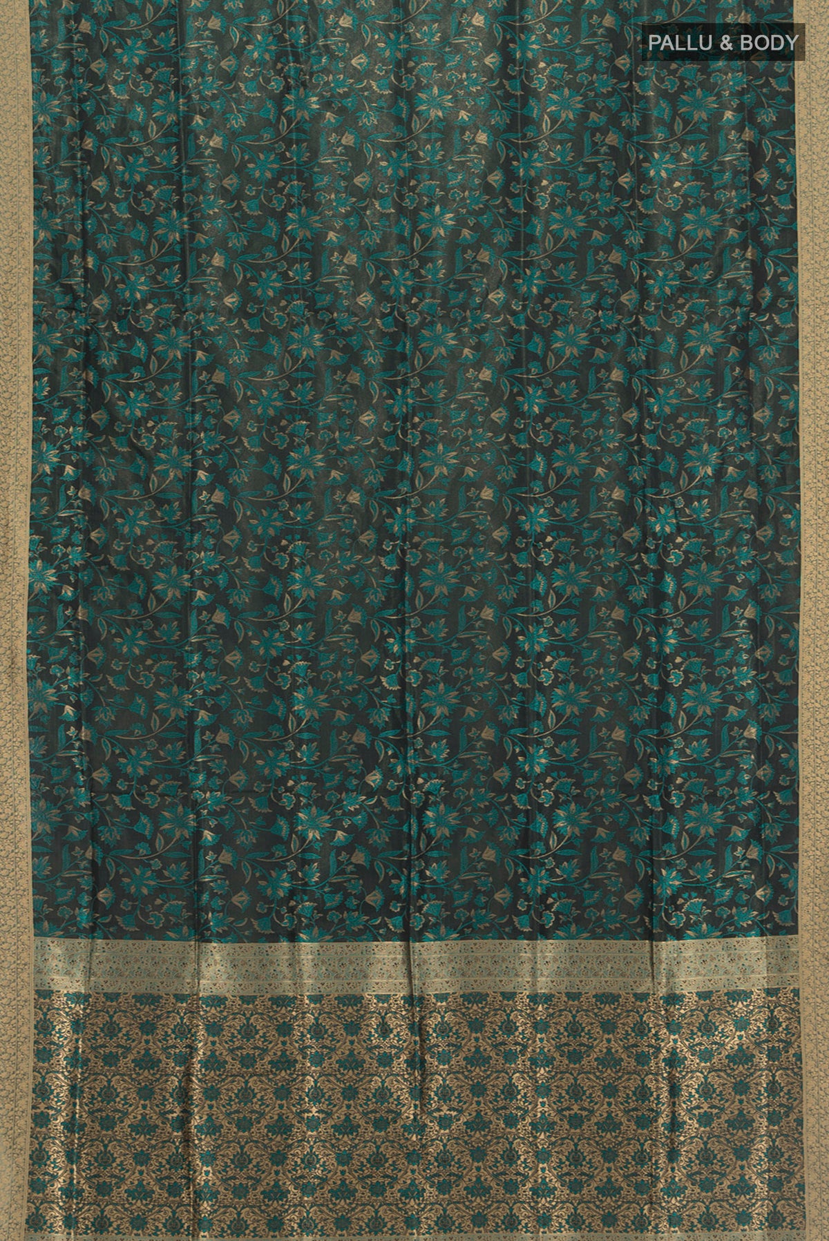 Flat view of Black Soft Silk Saree with Jacquard design on the body and Thread Border. 