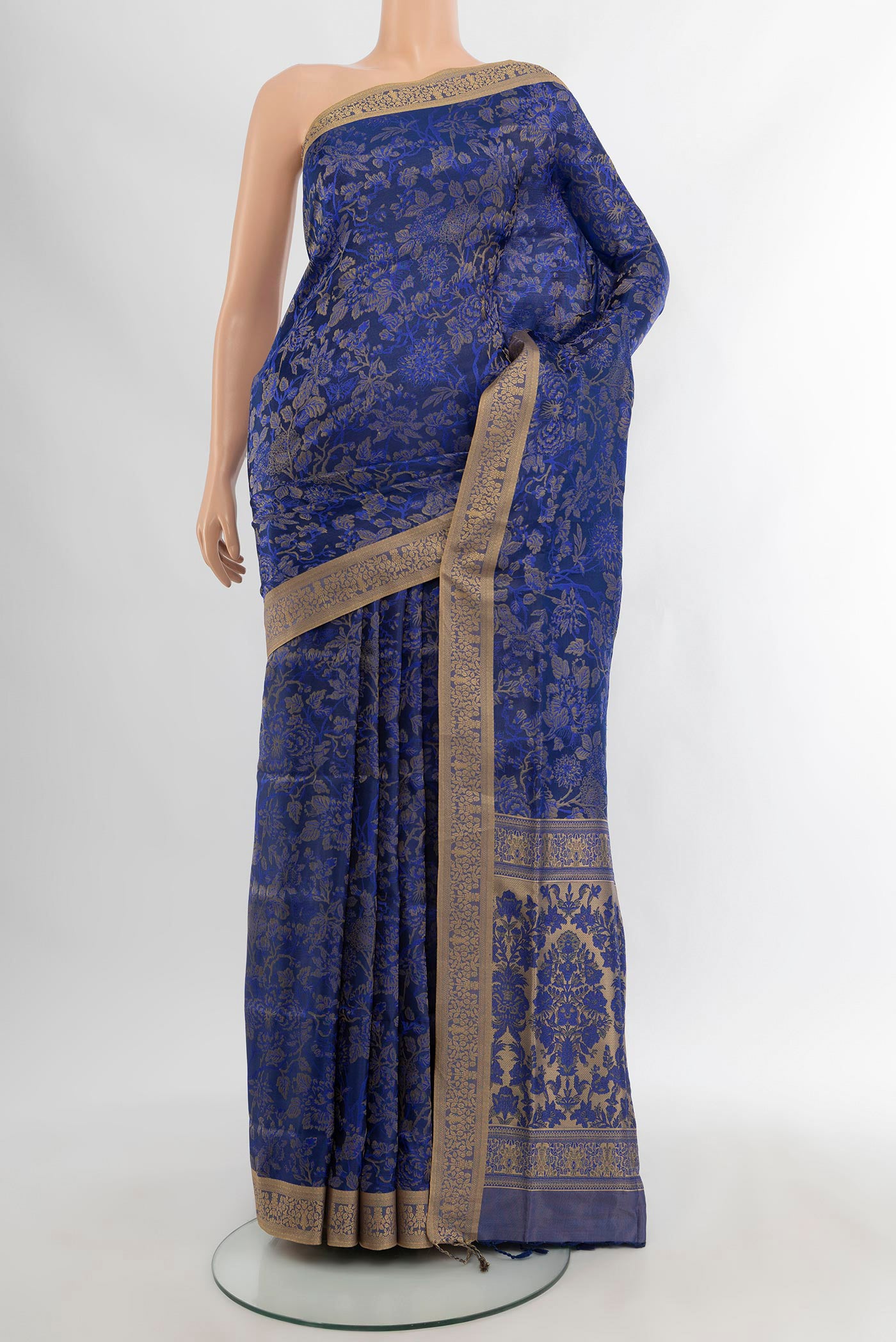 Blue Soft Silk Saree with Jacquard design on the body and Thread Border.  displayed on a mannequin