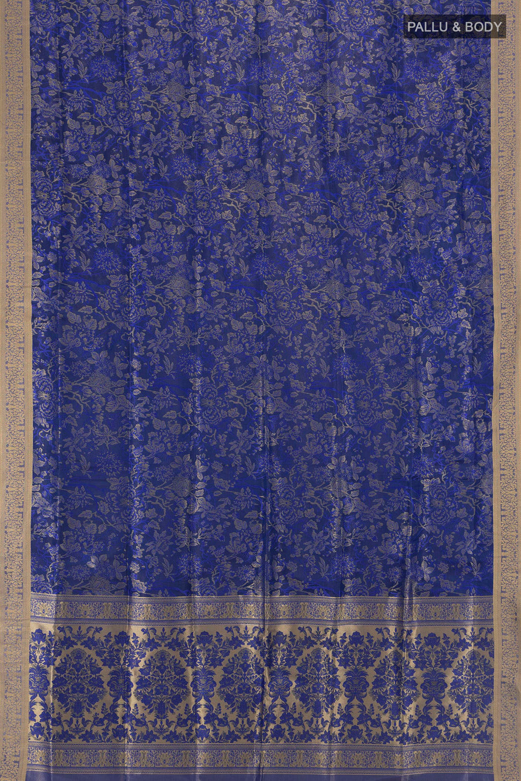 Flat view of Blue Soft Silk Saree with Jacquard design on the body and Thread Border. 