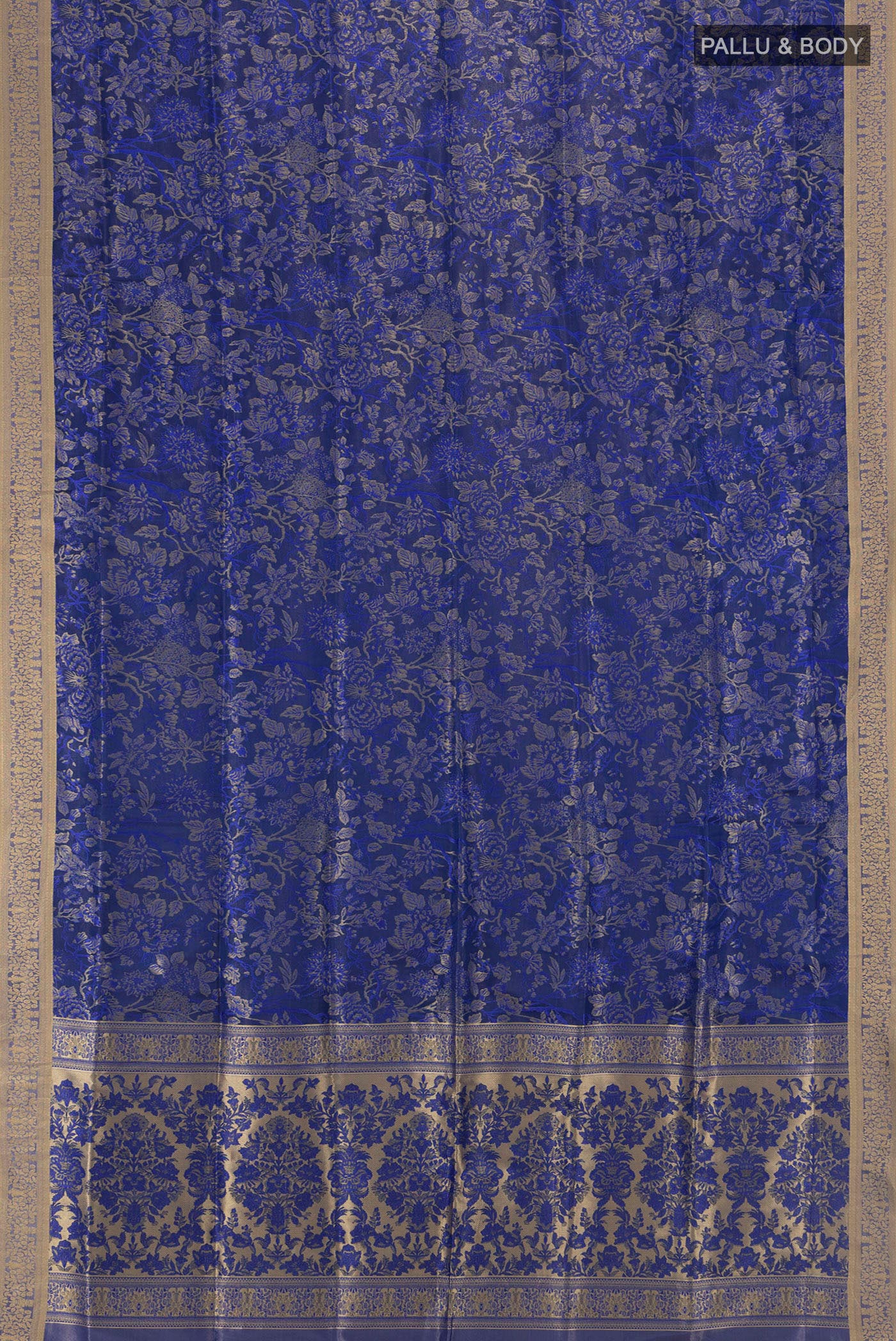 Flat view of Blue Soft Silk Saree with Jacquard design on the body and Thread Border. 