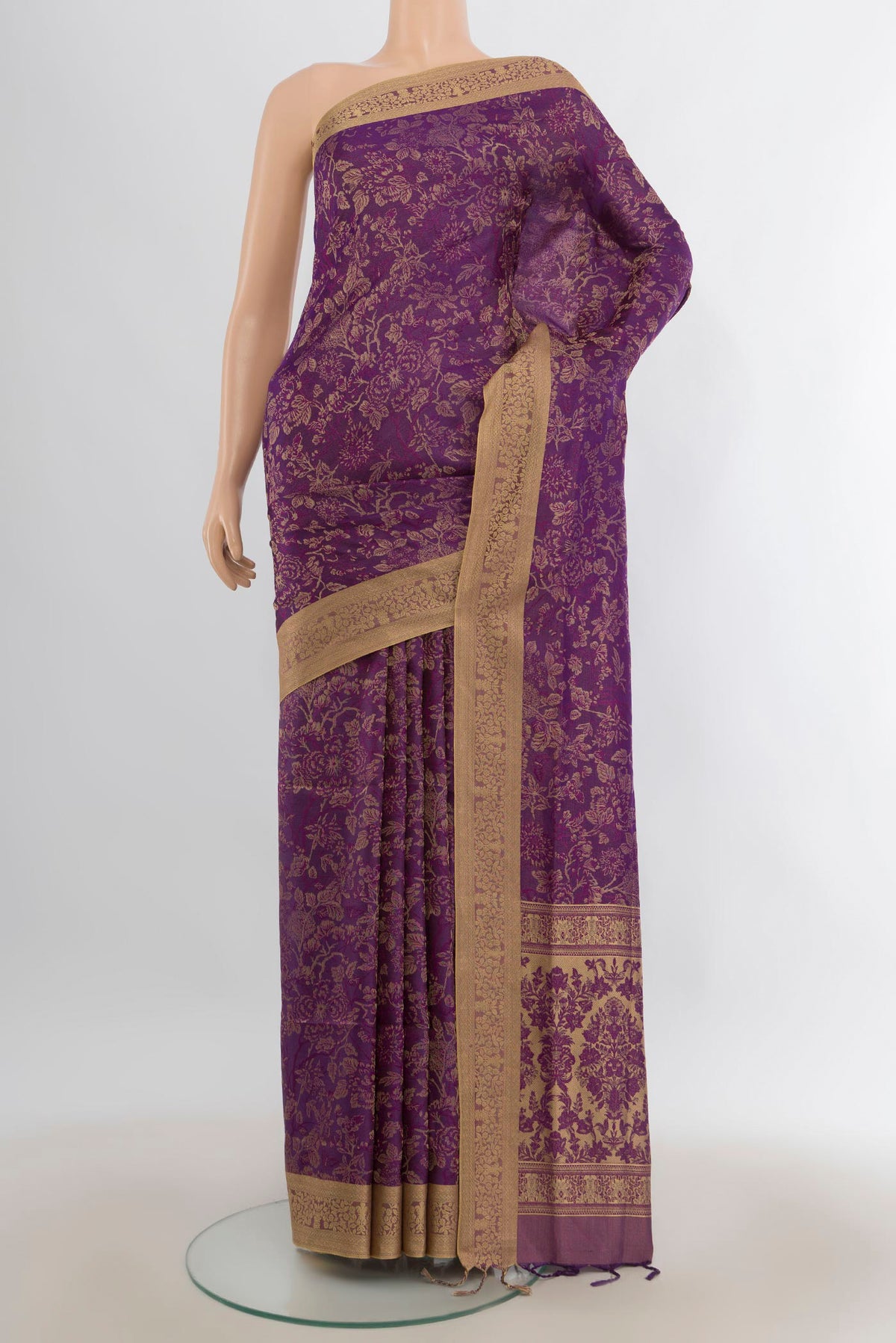 Pure Silk Violet Soft Saree with Jacquard design on the body and Thread Border.  displayed on a mannequin