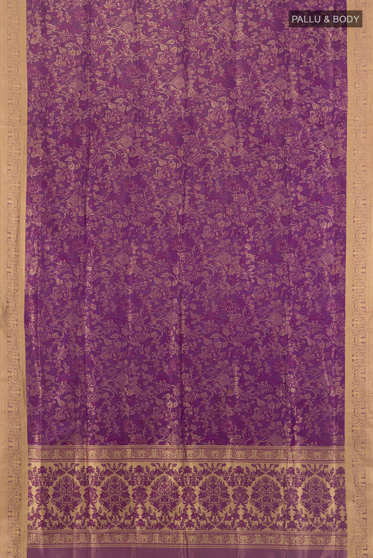 Flat view of Pure Silk Violet Soft Saree with Jacquard design on the body and Thread Border. 