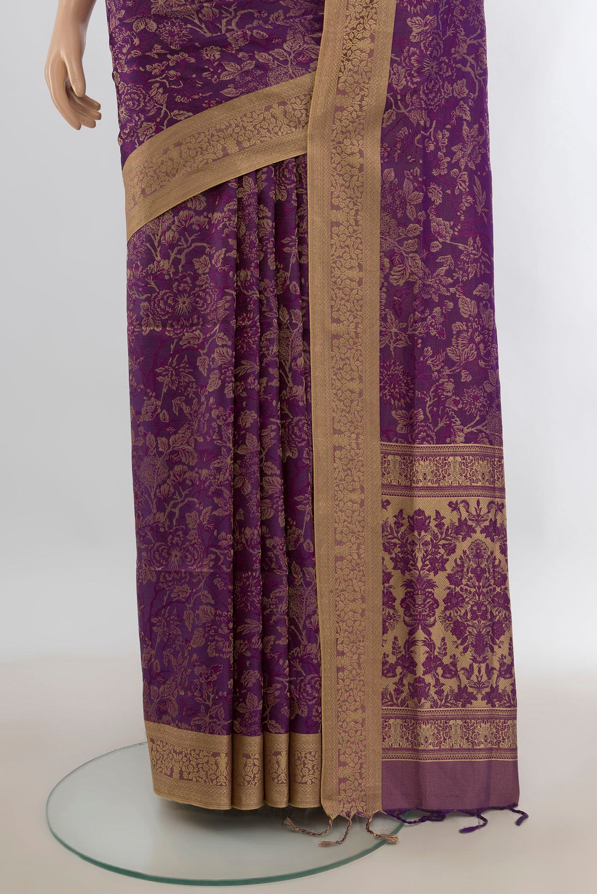 Pleats and pallu of Pure Silk Violet Soft Saree with Jacquard design on the body and Thread Border. 