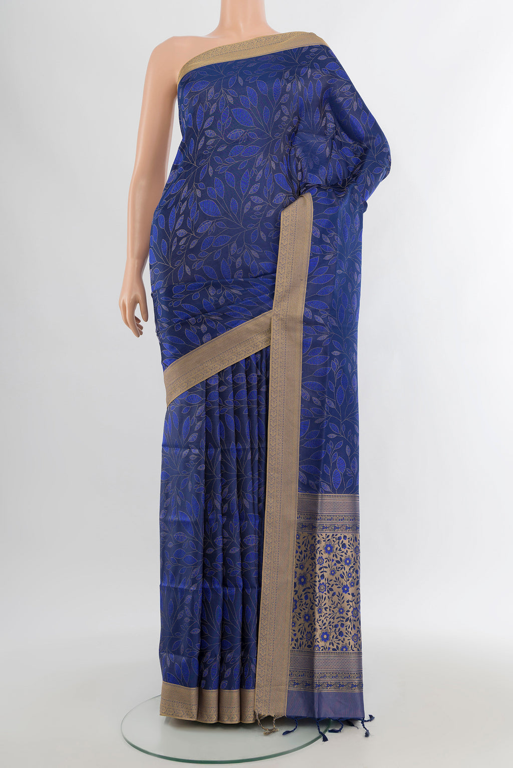 Dark Blue Soft Silk Saree with Jacquard design on the body and Thread Border.  displayed on a mannequin