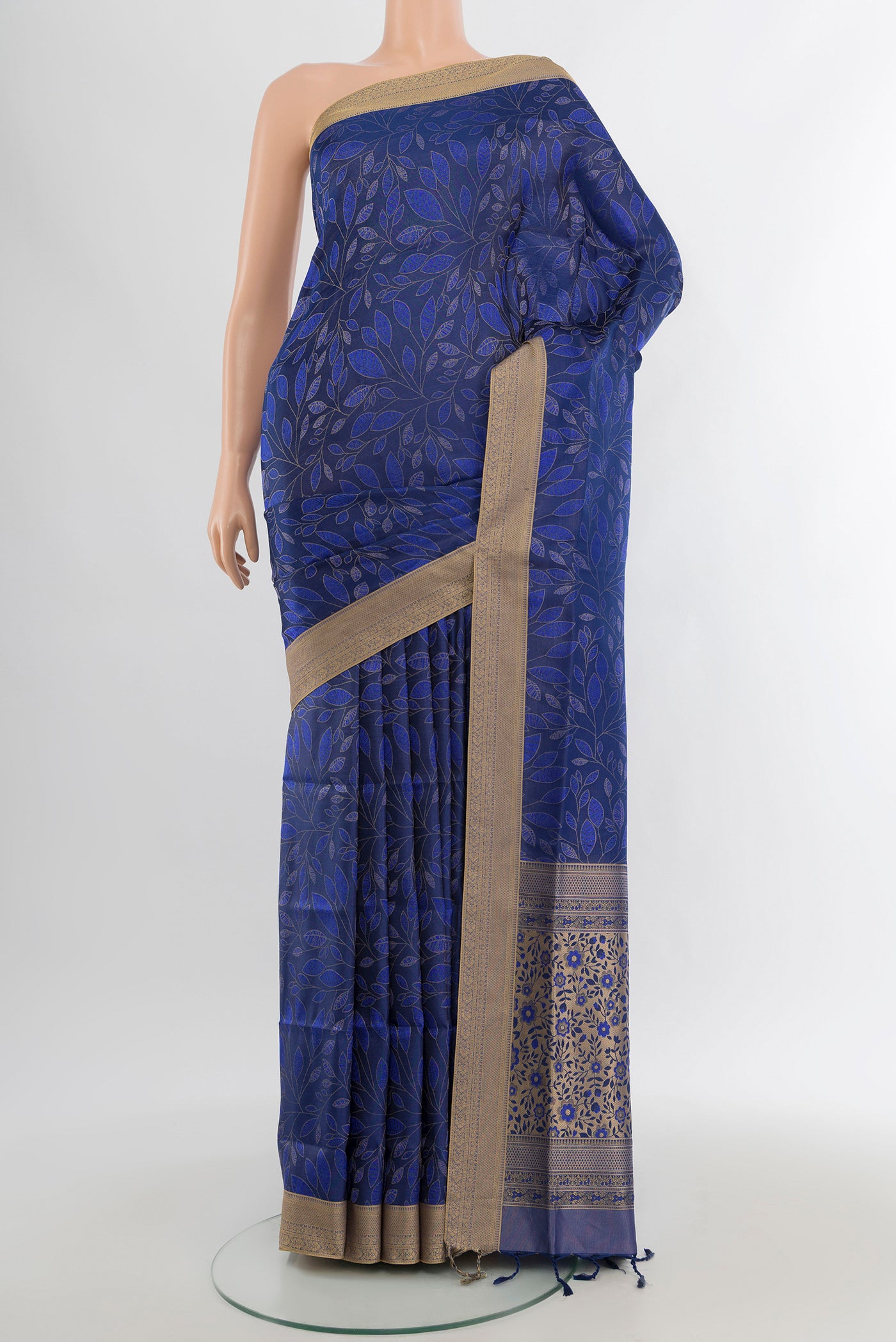 Dark Blue Soft Silk Saree with Jacquard design on the body and Thread Border.  displayed on a mannequin