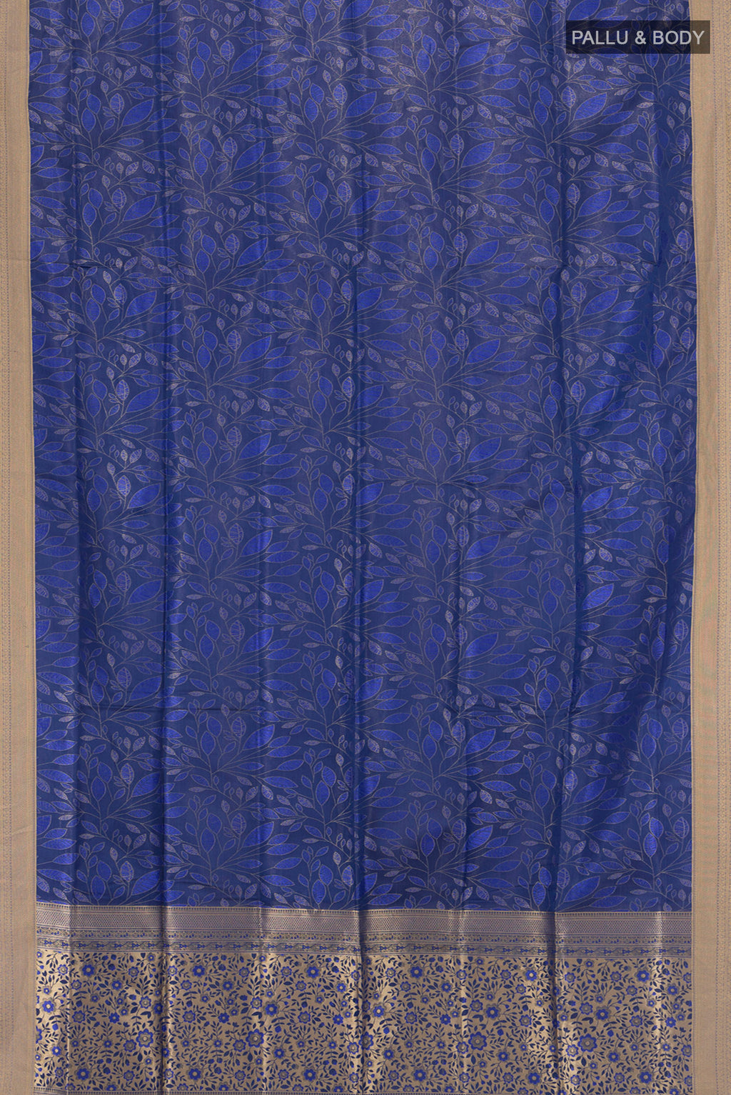 Flat view of Dark Blue Soft Silk Saree with Jacquard design on the body and Thread Border. 