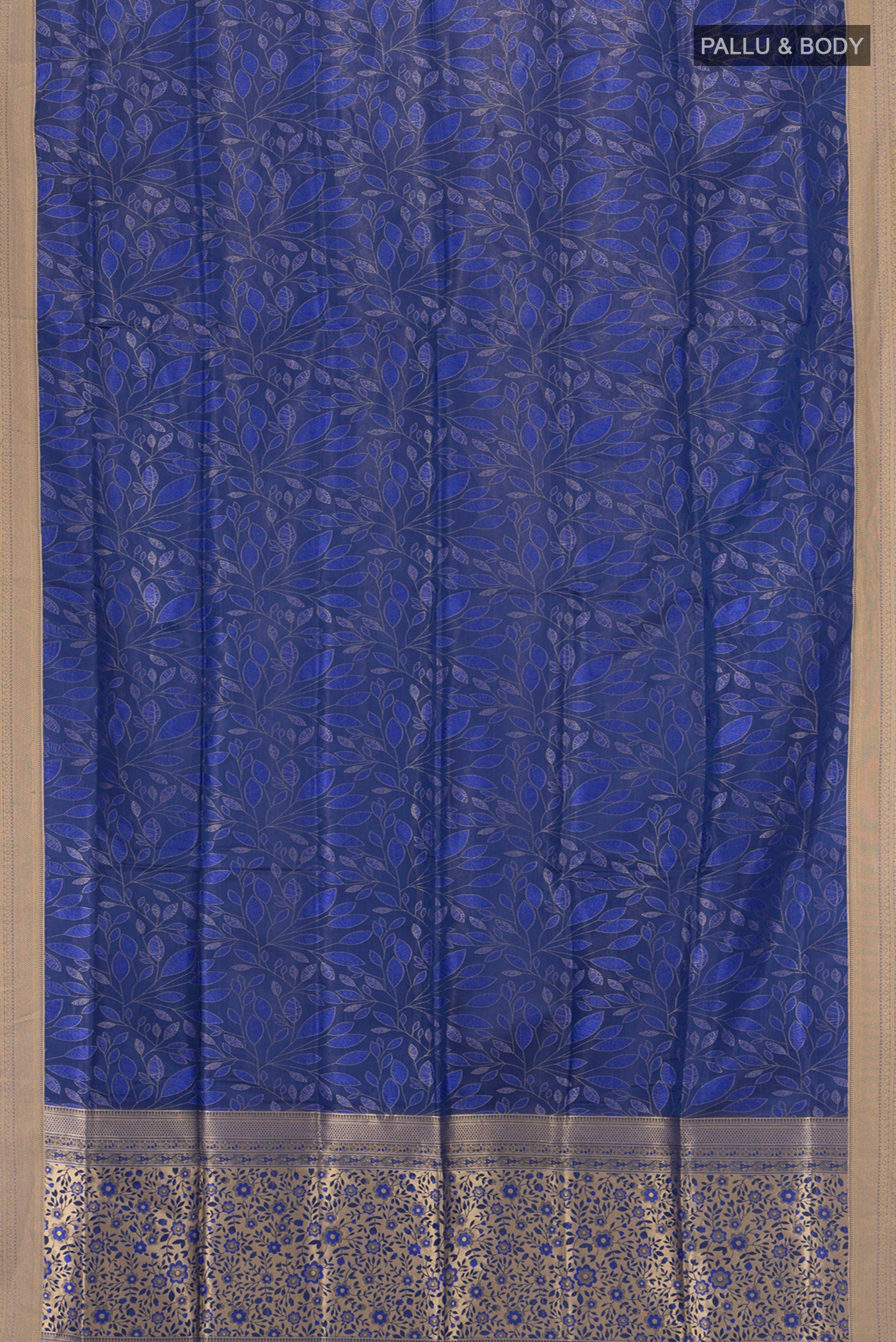 Flat view of Dark Blue Soft Silk Saree with Jacquard design on the body and Thread Border. 