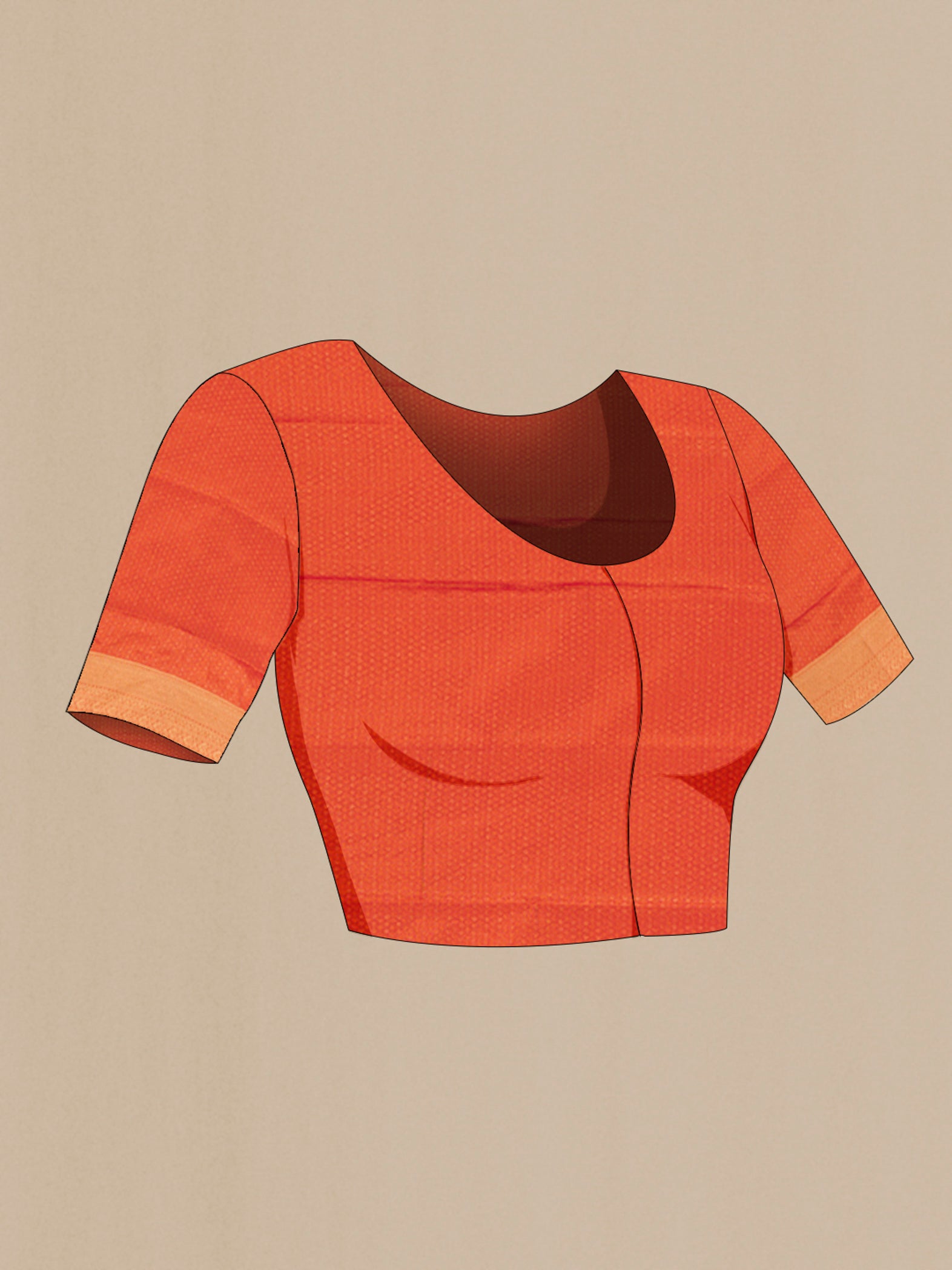 Close up image of the blouse of Brick Orange Soft Silk Saree with Jacquard design on the body and Thread Border. 