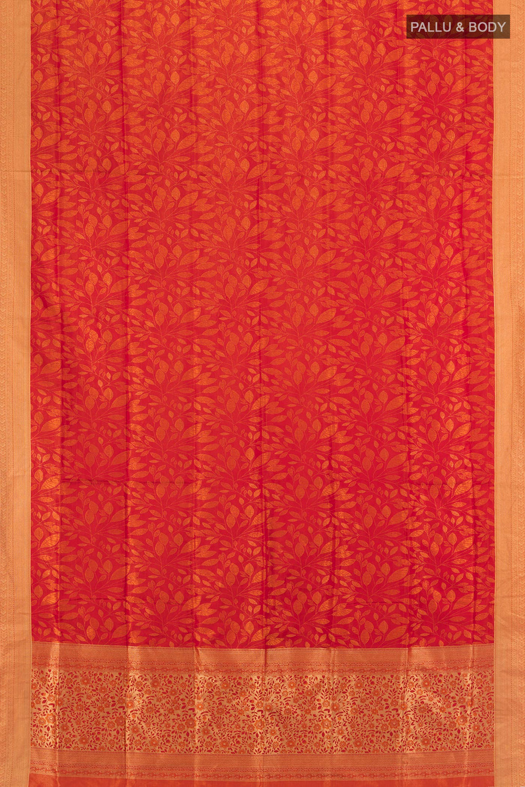 Flat view of Brick Orange Soft Silk Saree with Jacquard design on the body and Thread Border. 