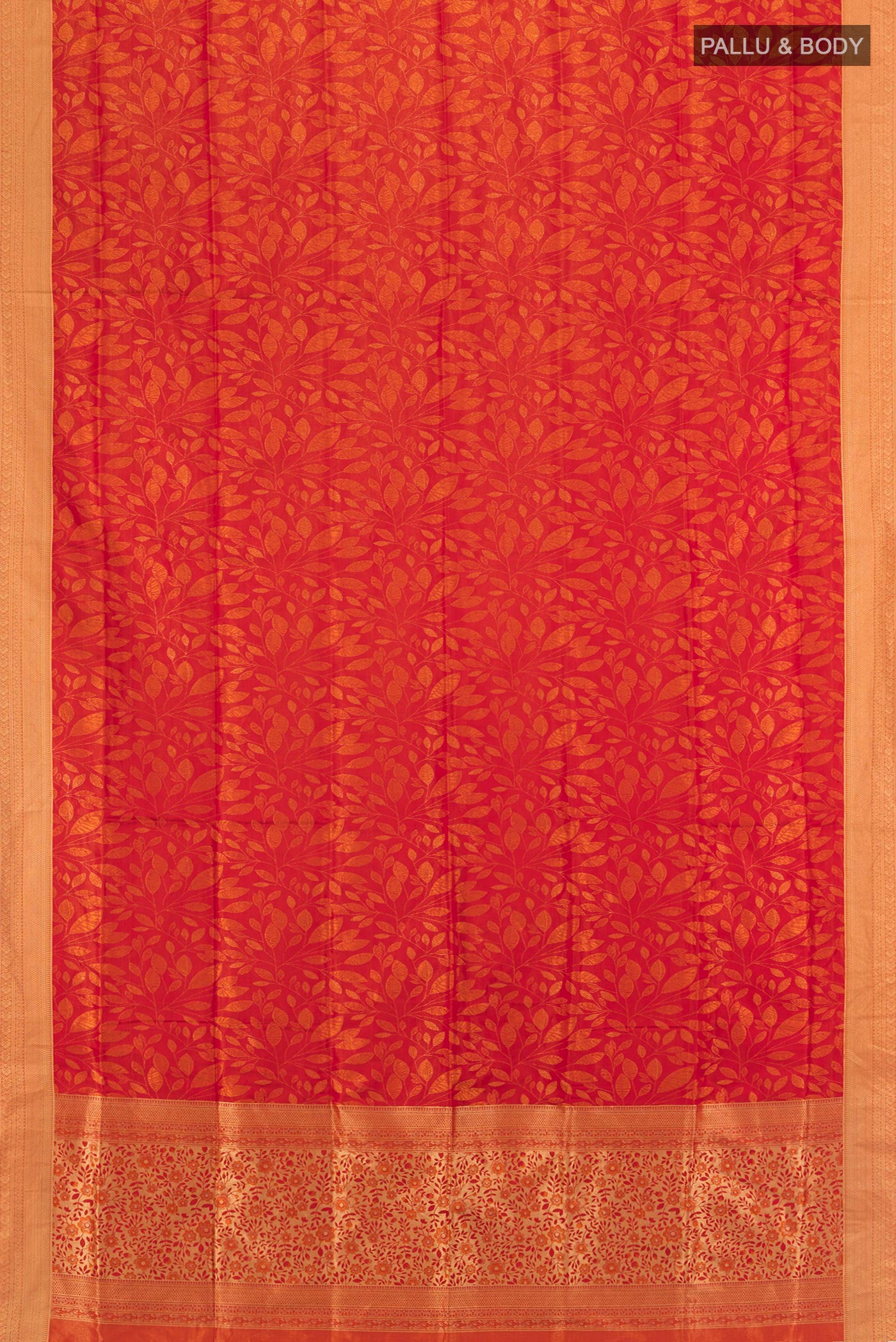Flat view of Brick Orange Soft Silk Saree with Jacquard design on the body and Thread Border. 