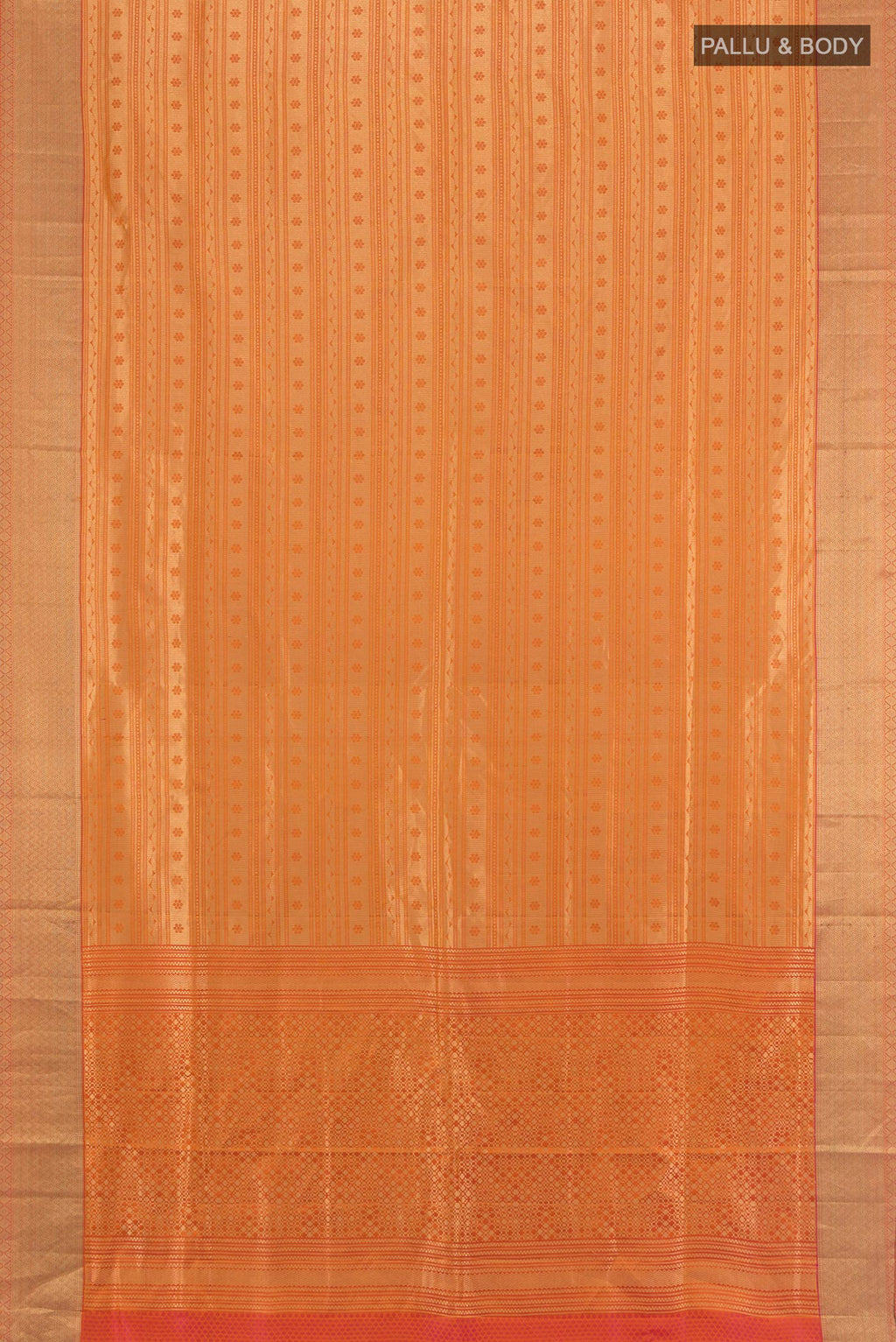 Flat view of Rust Soft Silk Saree with Jacquard design on the body and Thread Border. 