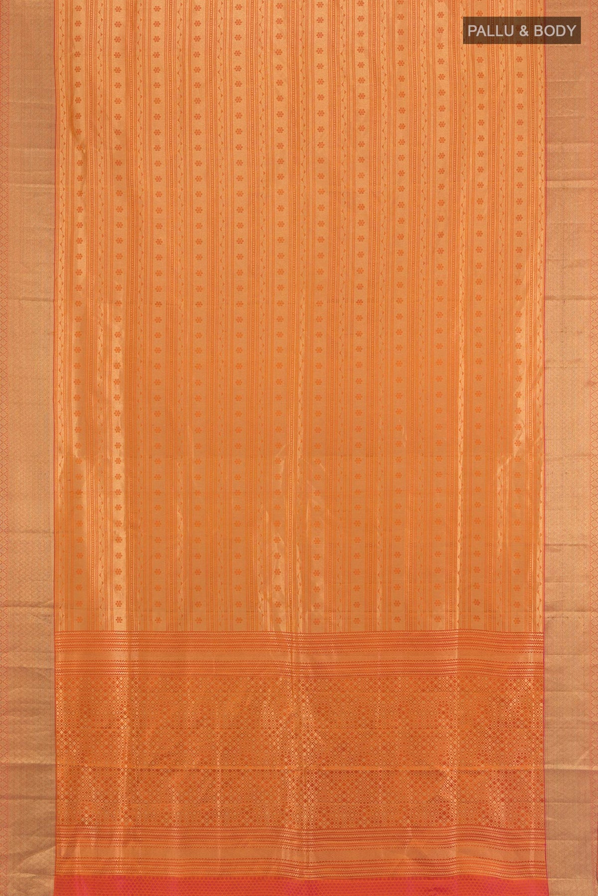 Flat view of Rust Soft Silk Saree with Jacquard design on the body and Thread Border. 