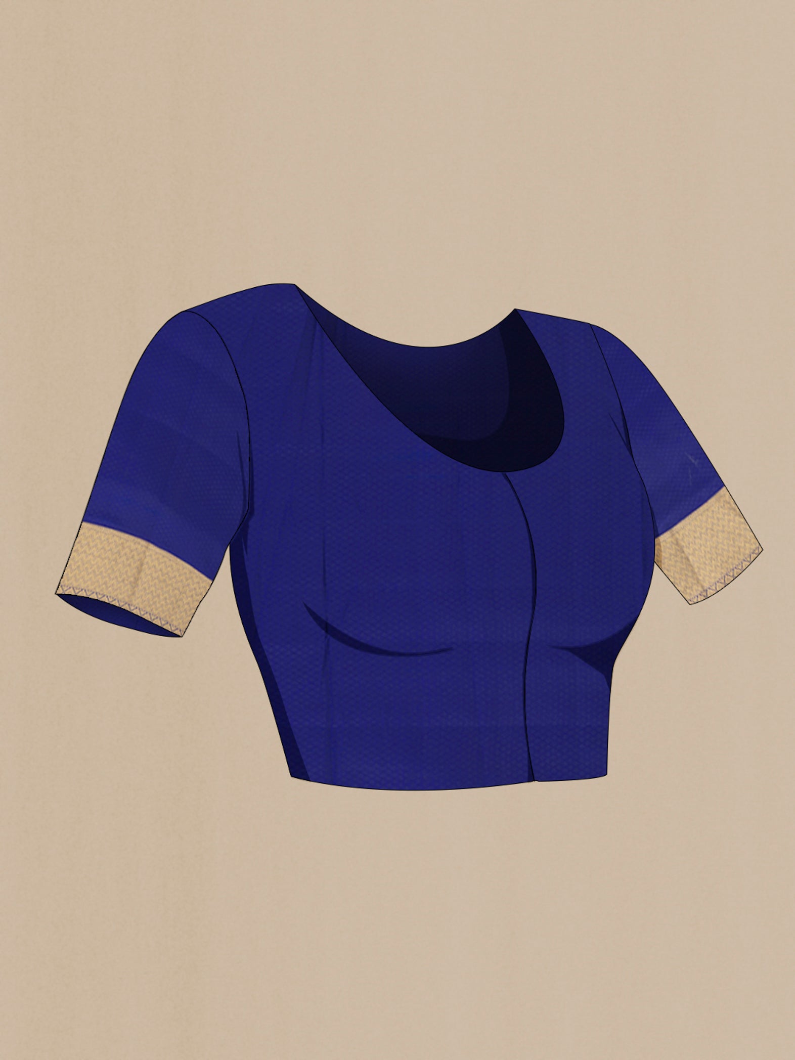 Close up image of the blouse of Navy Blue Soft Silk Saree with Thread Butta on the body and Silk Border. 
