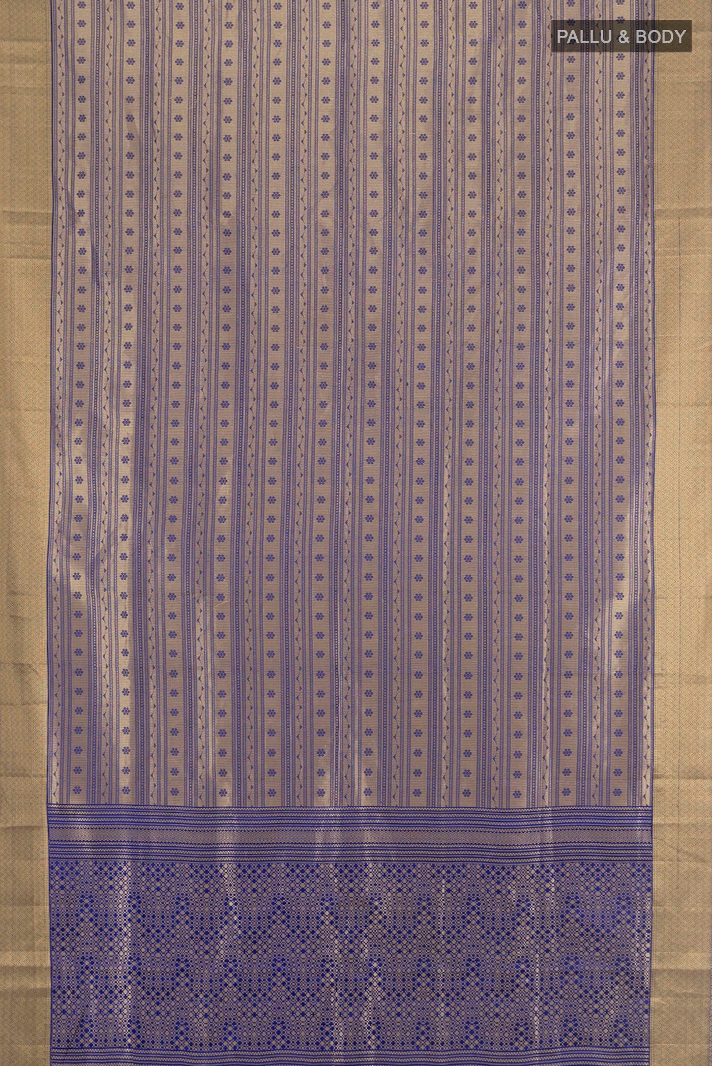 Flat view of Navy Blue Soft Silk Saree with Thread Butta on the body and Silk Border. 