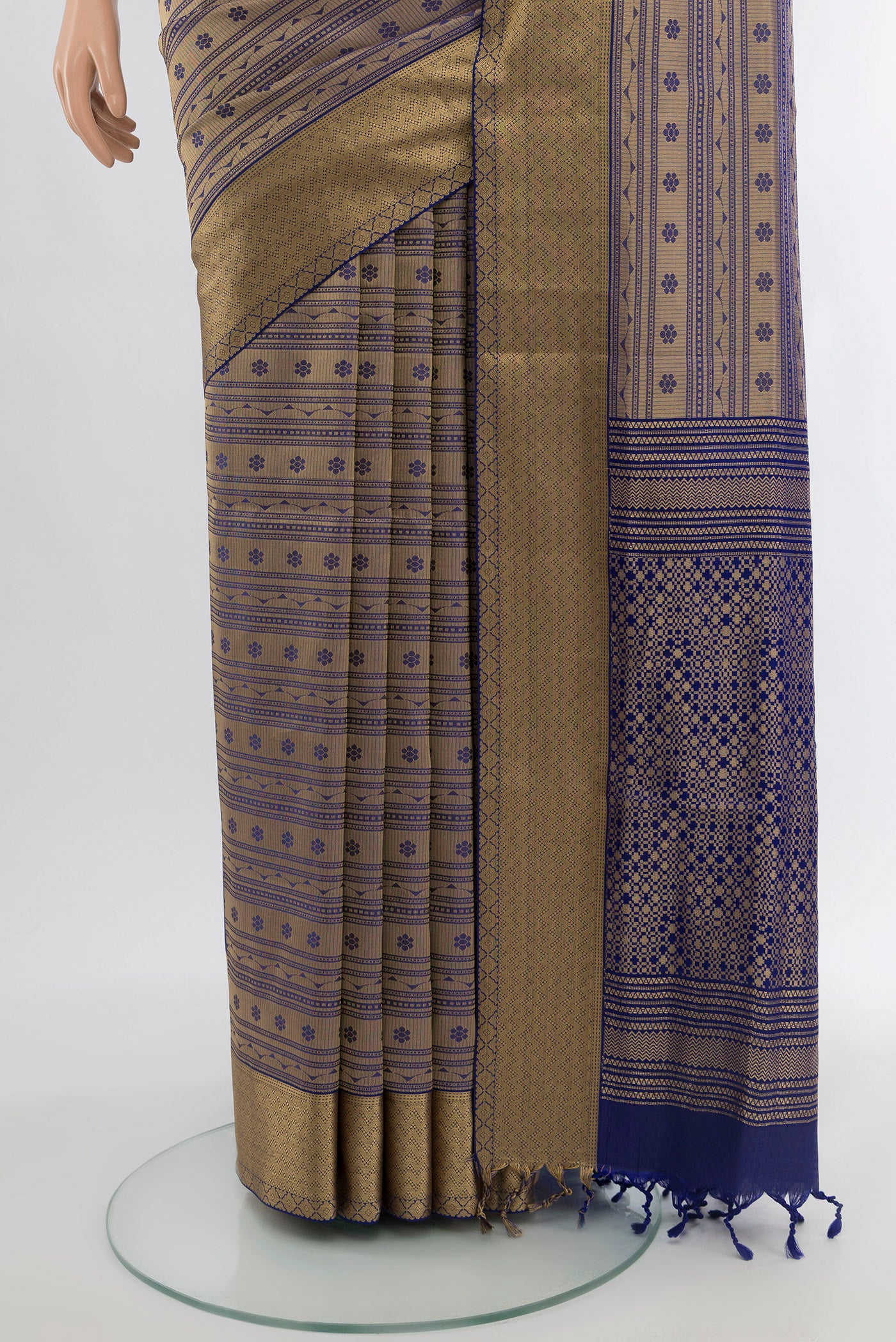 Pleats and pallu of Navy Blue Soft Silk Saree with Thread Butta on the body and Silk Border. 