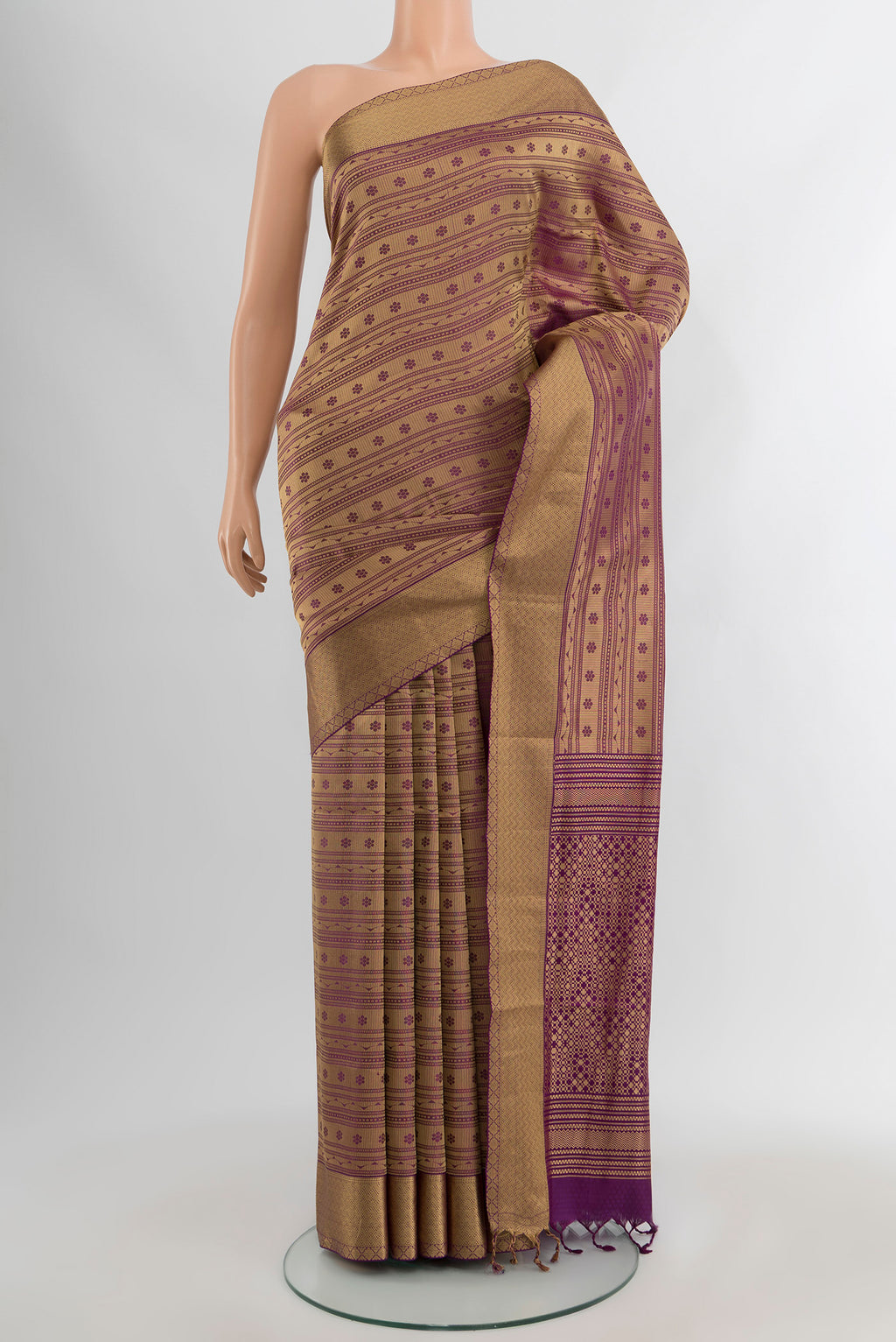 Violet Soft Silk Saree with Jacquard design on the body and Thread Border.  displayed on a mannequin