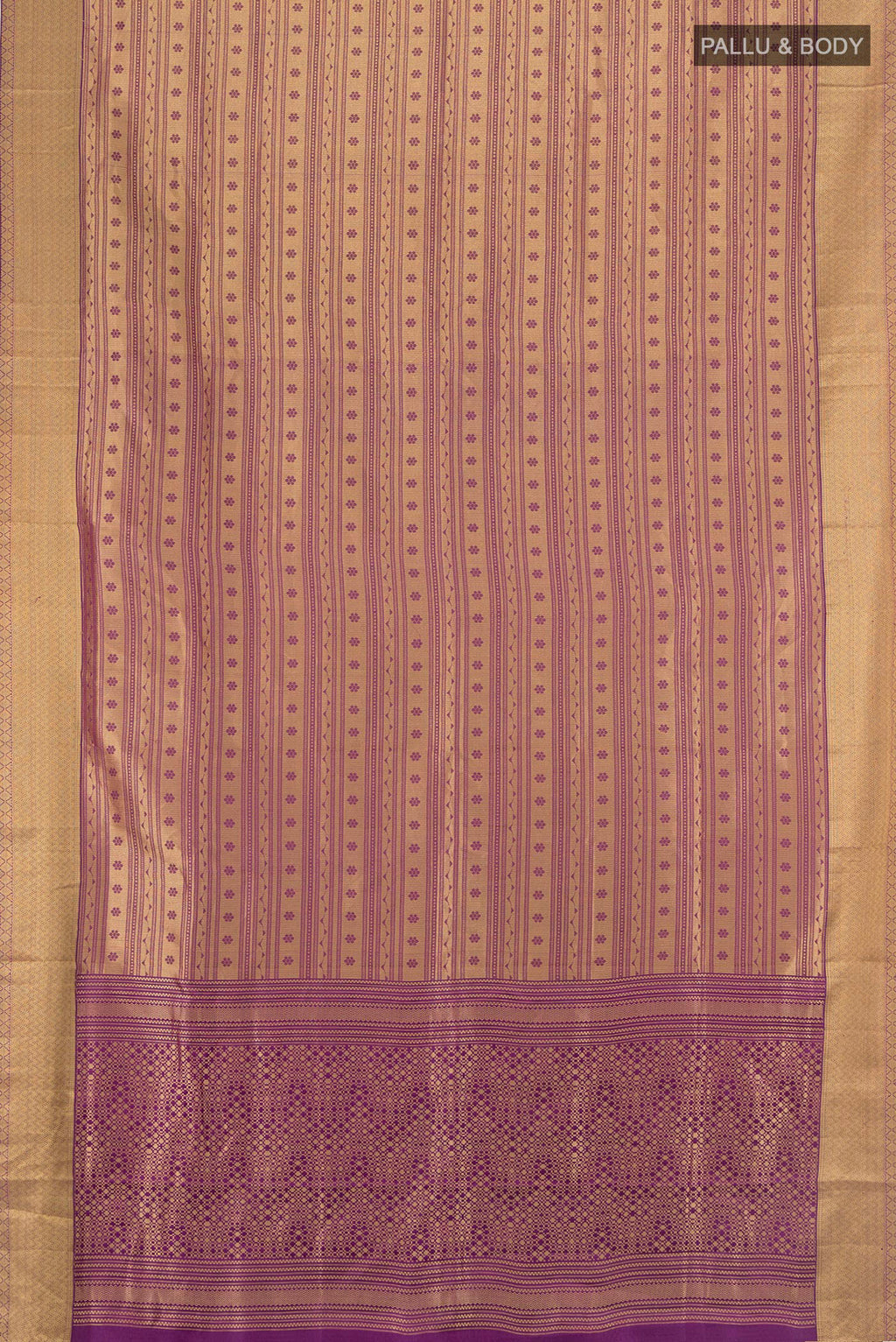 Flat view of Violet Soft Silk Saree with Jacquard design on the body and Thread Border. 