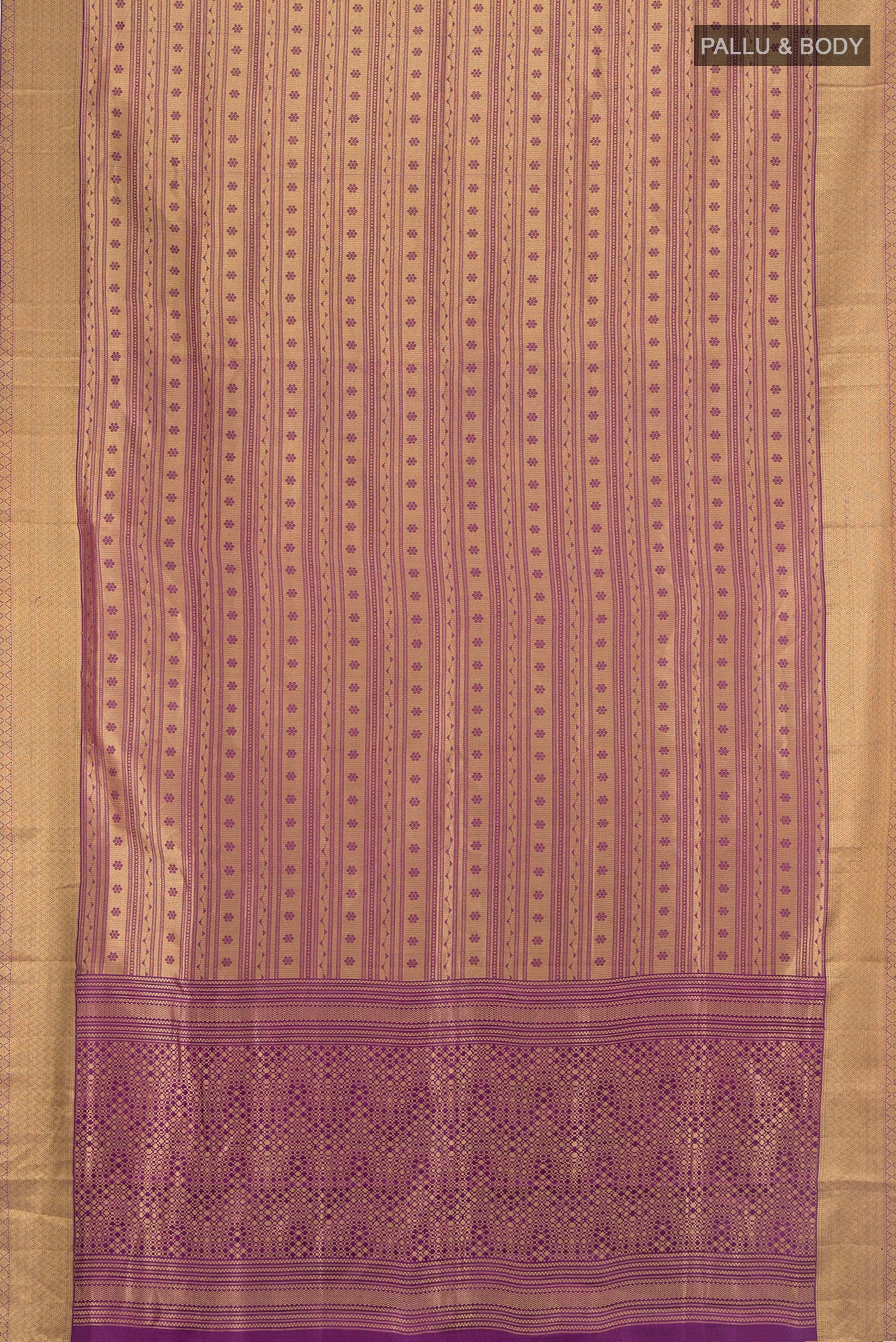 Flat view of Violet Soft Silk Saree with Jacquard design on the body and Thread Border. 