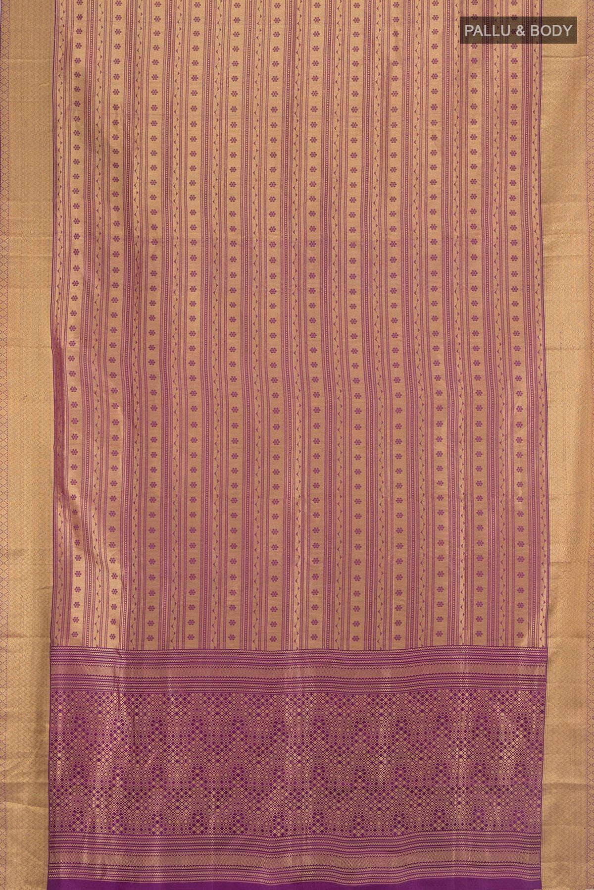 Flat view of Violet Soft Silk Saree with Jacquard design on the body and Thread Border. 