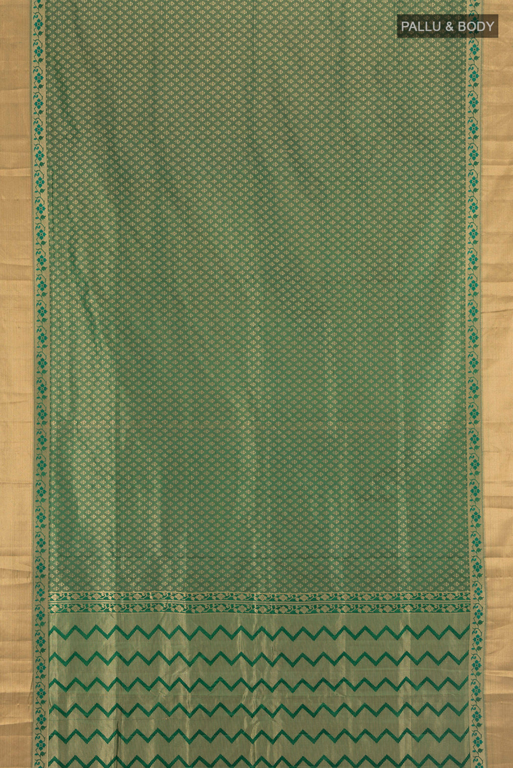 Flat view of Green Soft Silk Saree with Jacquard design on the body and Zari Border. 