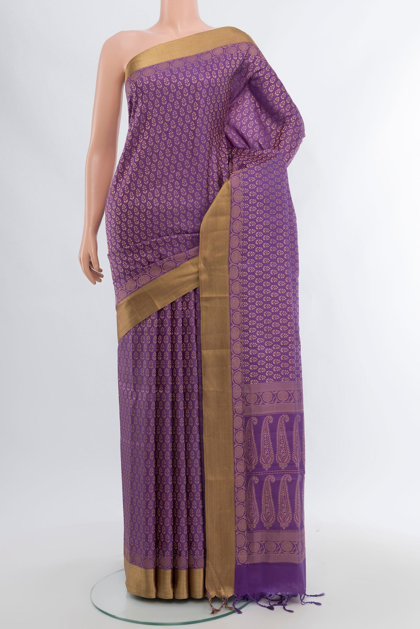 Lavender Soft Silk Saree with Thread Butta on the body and Silk Border.  displayed on a mannequin