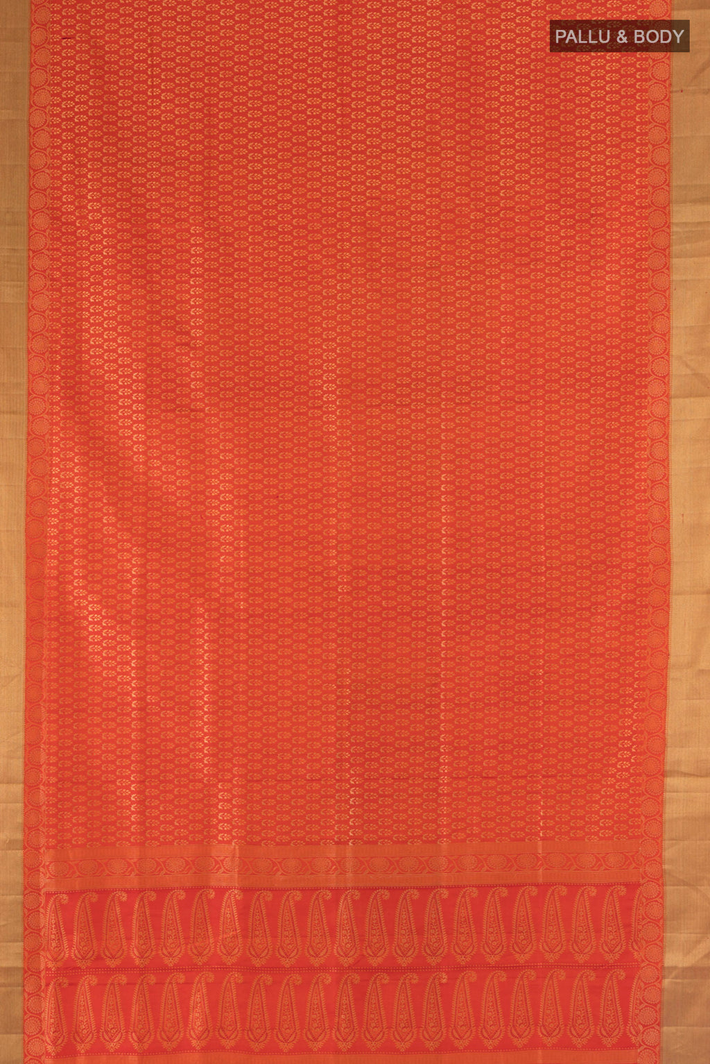 Flat view of Orange Soft Silk Saree with Zari Butta on the body and Zari Border. 