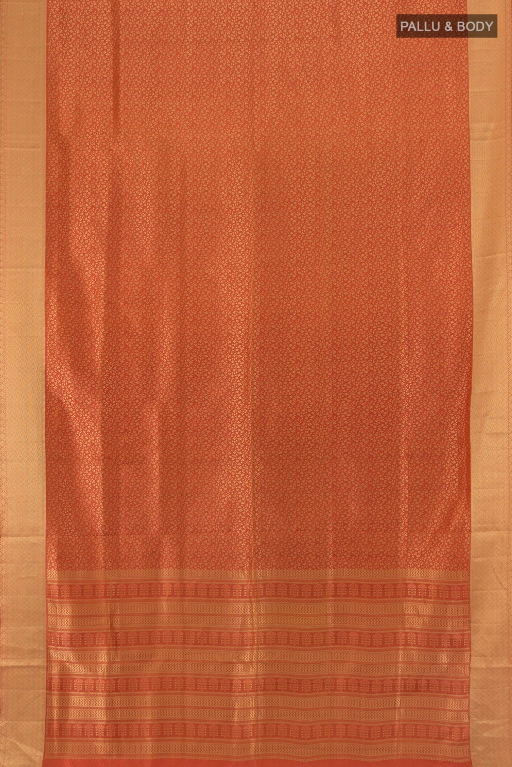 Flat view of Rust Soft Silk Saree with Jacquard design on the body and Thread Border. 