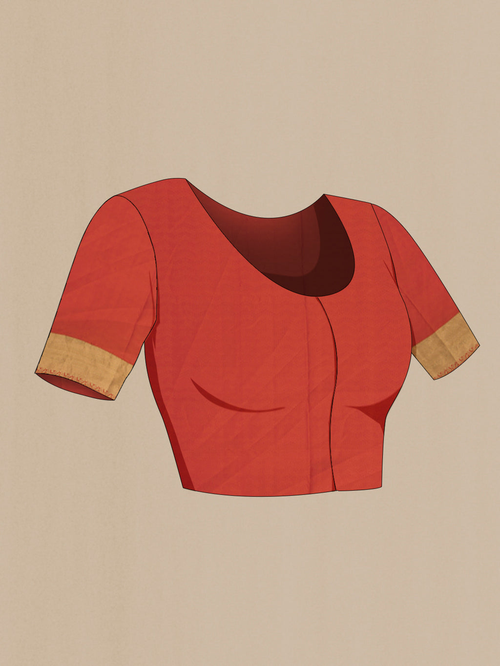 Close up image of the blouse of Rust Soft Silk Saree with Jacquard design on the body and Thread Border. 
