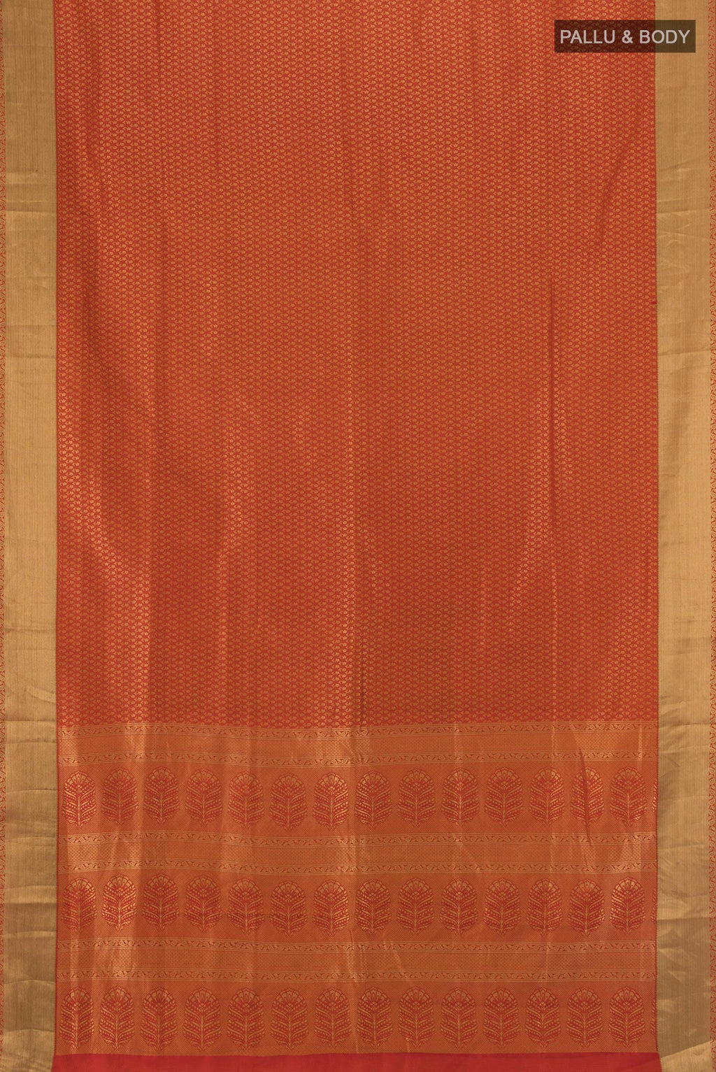 Flat view of Rust Soft Silk Saree with Jacquard design on the body and Thread Border. 