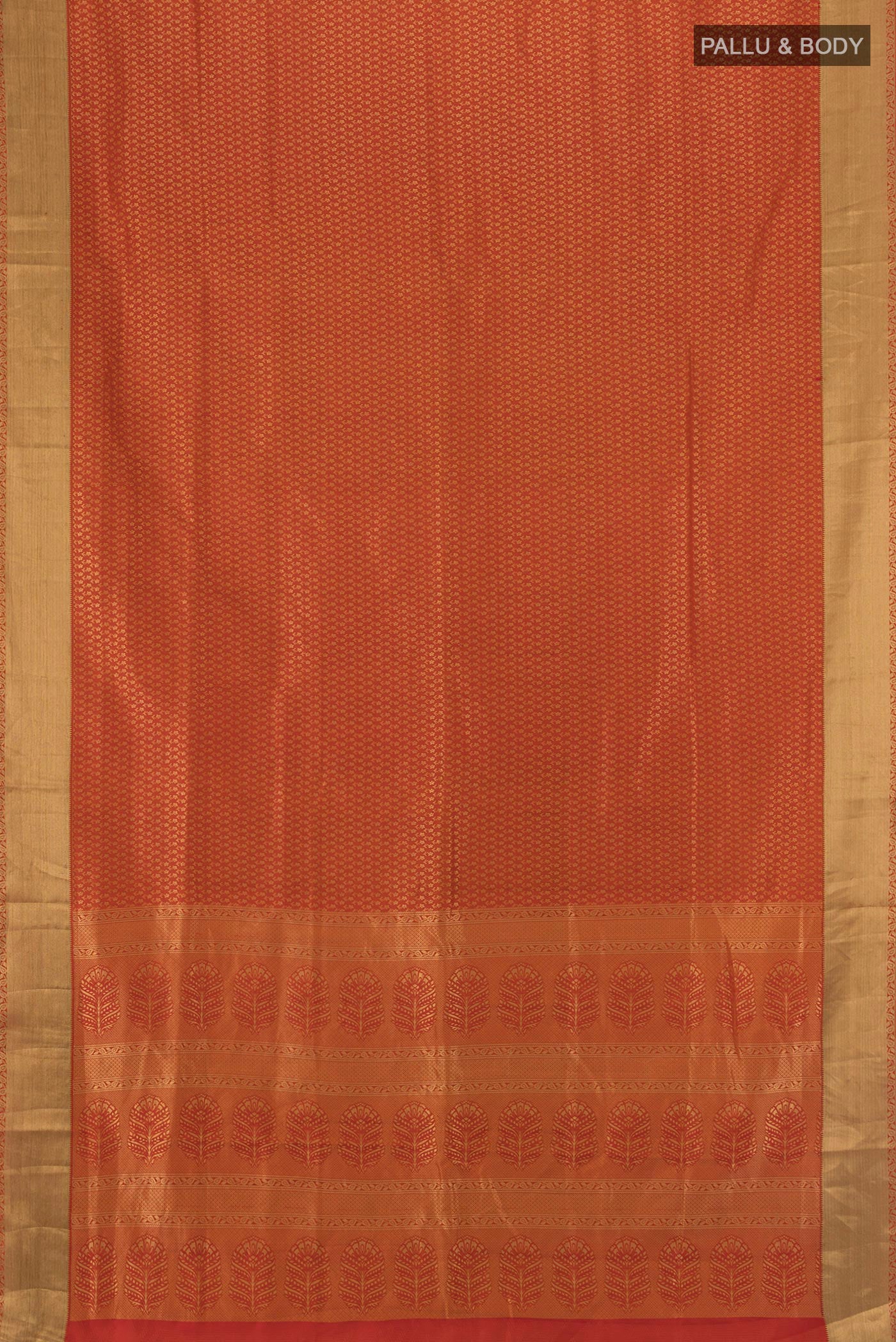 Flat view of Rust Soft Silk Saree with Jacquard design on the body and Thread Border. 