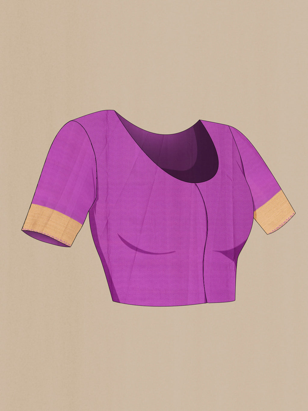 Close up image of the blouse of Purple Soft Silk Saree with Zari Butta on the body and Zari Border. 