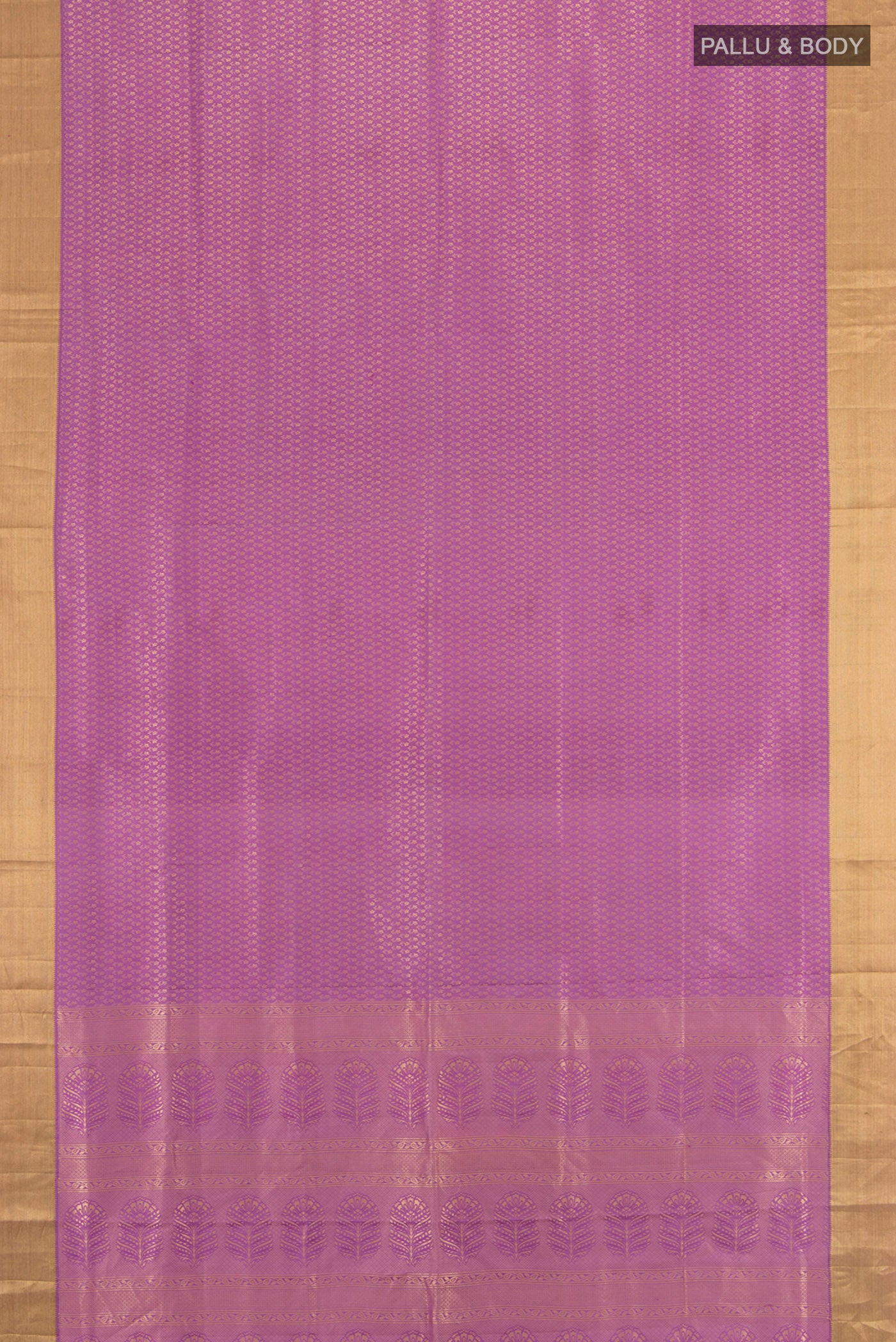 Flat view of Purple Soft Silk Saree with Zari Butta on the body and Zari Border. 