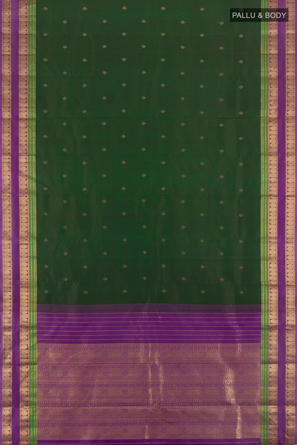 Flat view of Bottle Green Kanchipuram Silk Saree with Zari Butta on the body and Zari Border. 