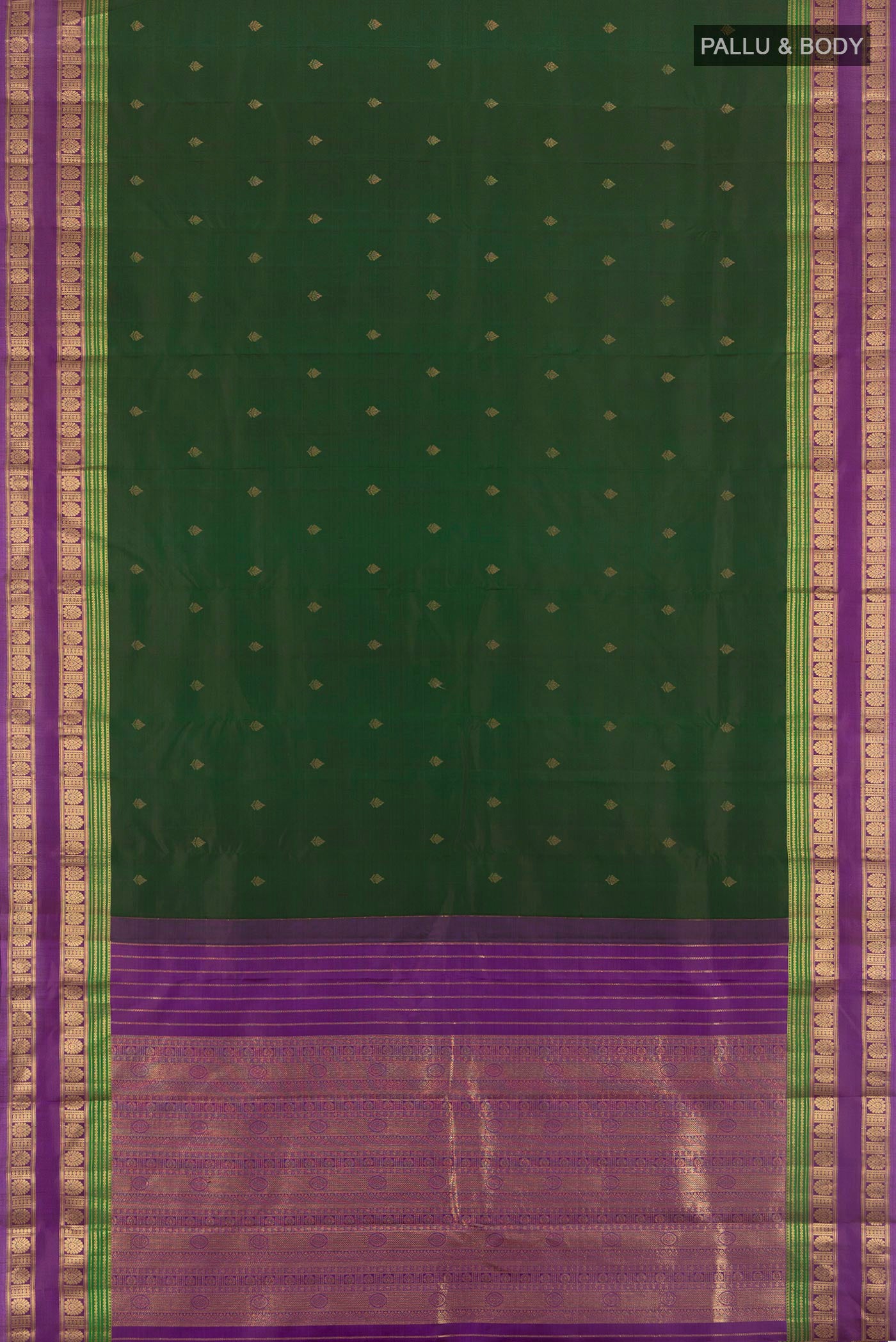 Flat view of Bottle Green Kanchipuram Silk Saree with Zari Butta on the body and Zari Border. 