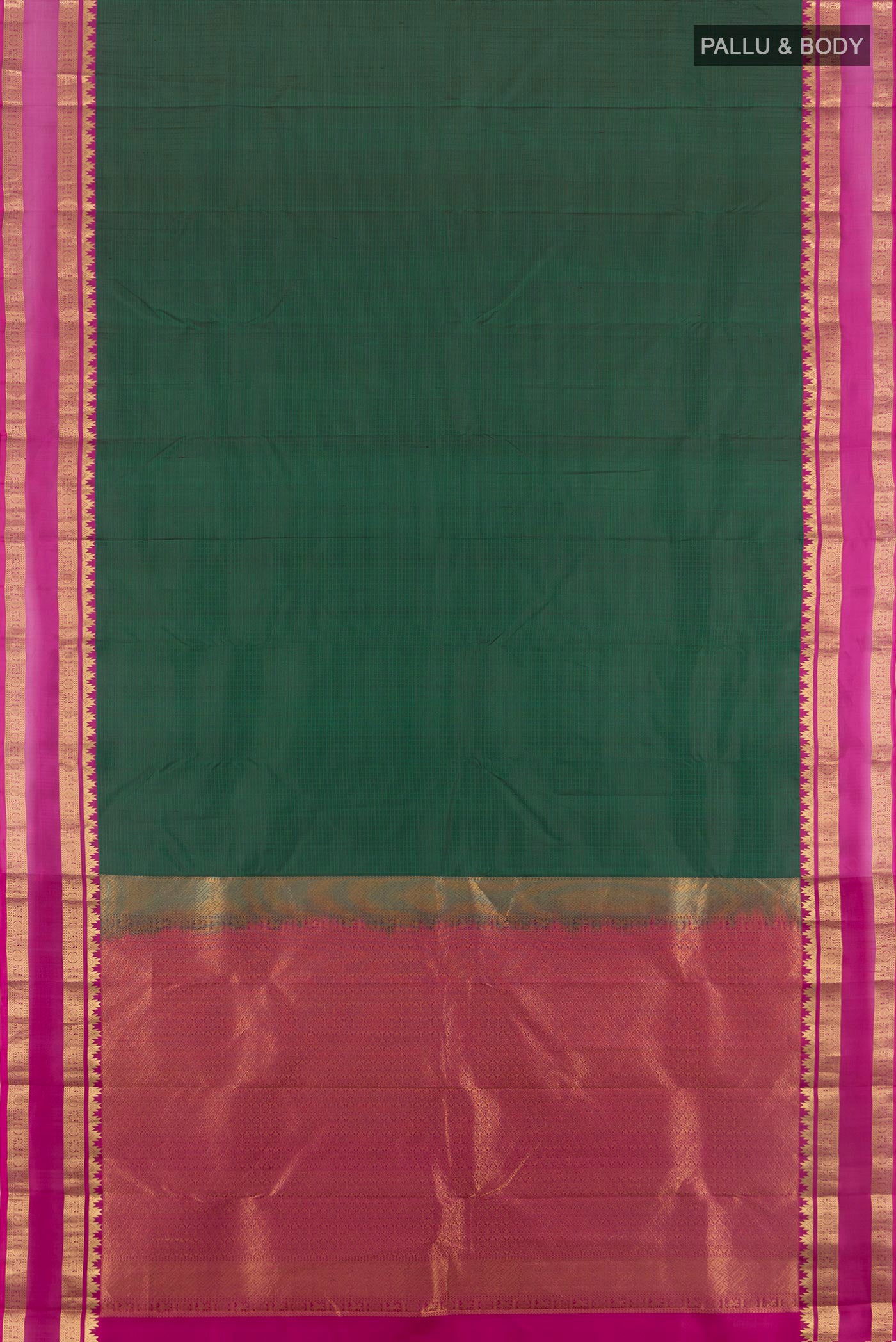 Flat view of Bottle Green Kanchipuram Silk Saree with Checked design on the body and Zari Border. 