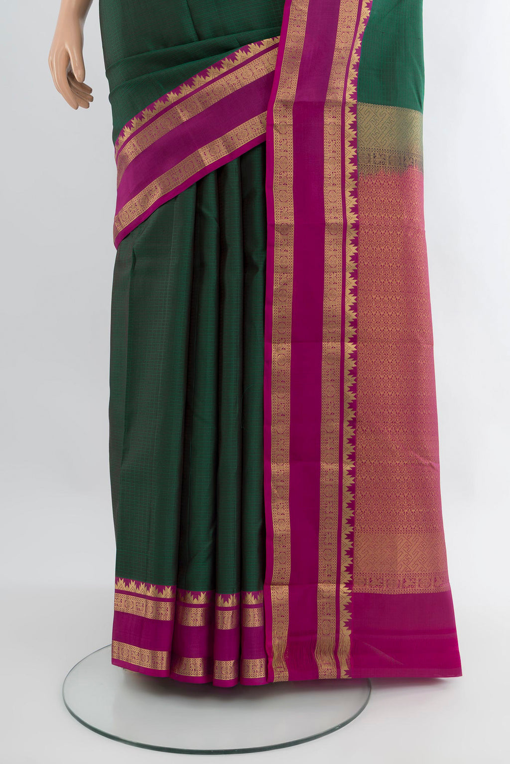 Pleats and pallu of Bottle Green Kanchipuram Silk Saree with Checked design on the body and Zari Border. 