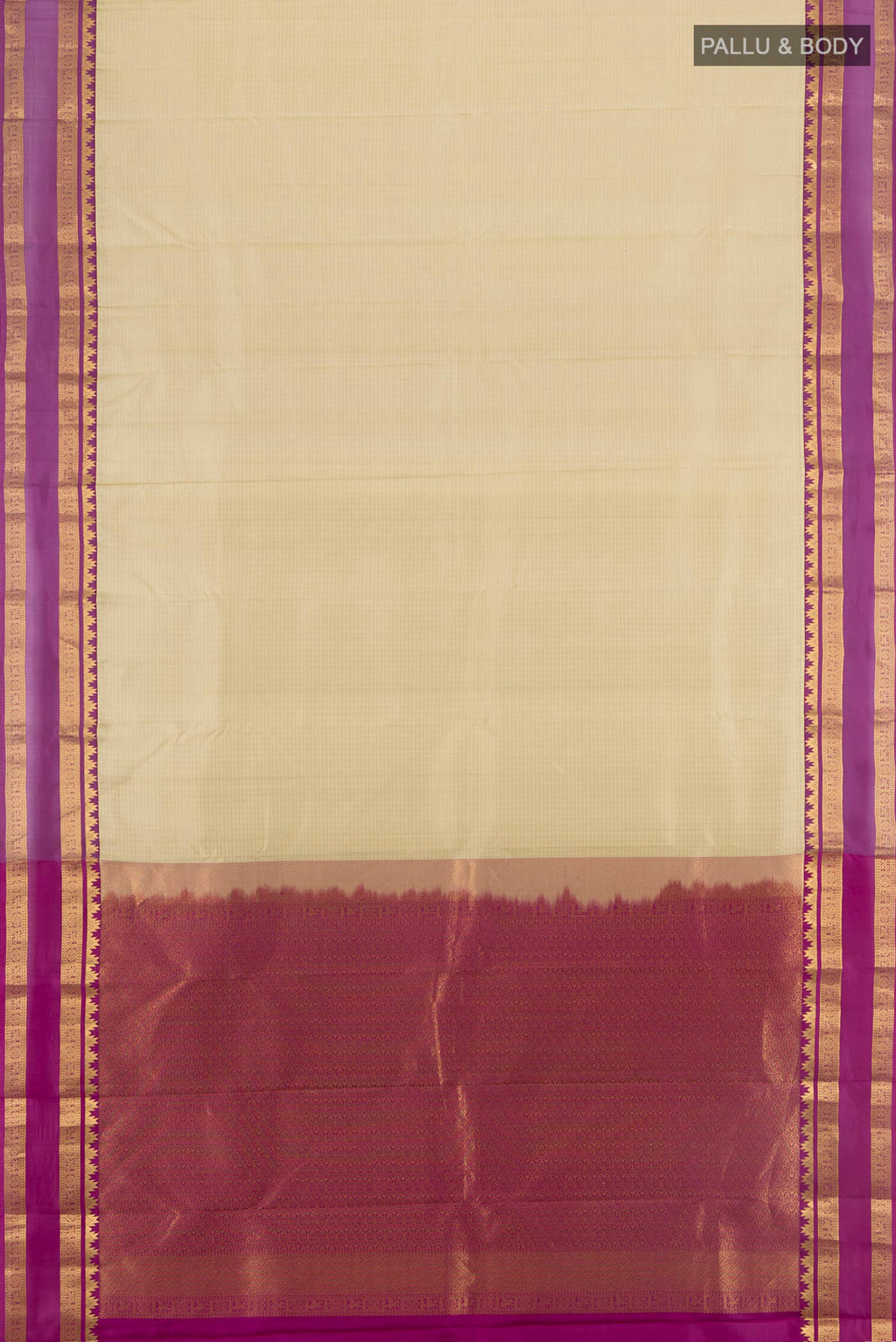 Flat view of Cream Kanchipuram Silk Saree with Checked design on the body and Zari Border. 