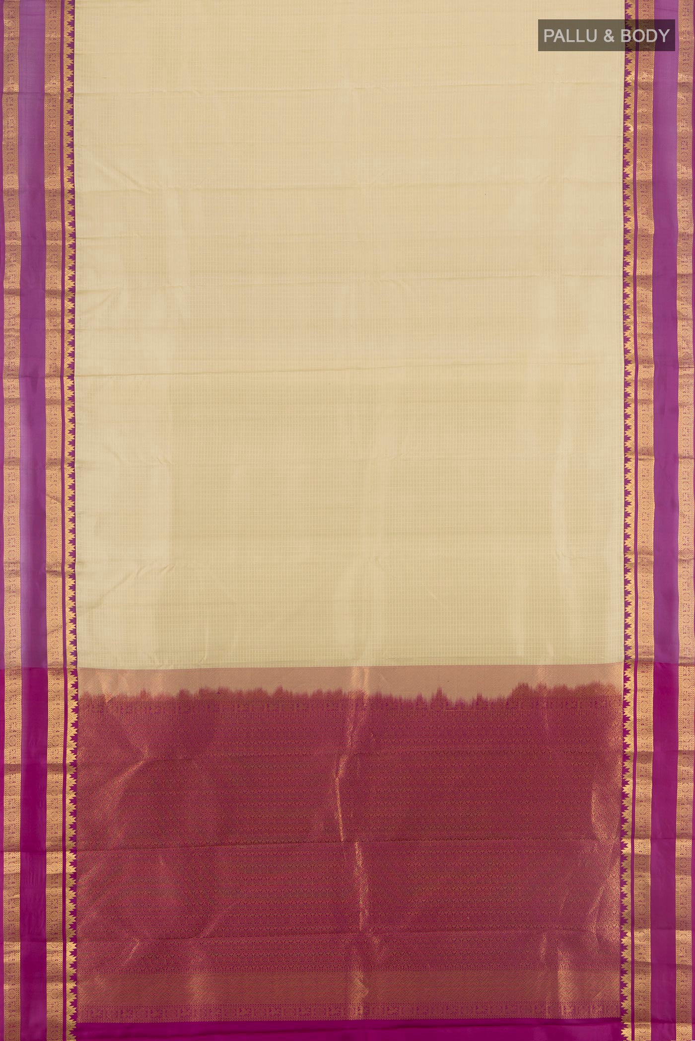 Flat view of Cream Kanchipuram Silk Saree with Checked design on the body and Zari Border. 