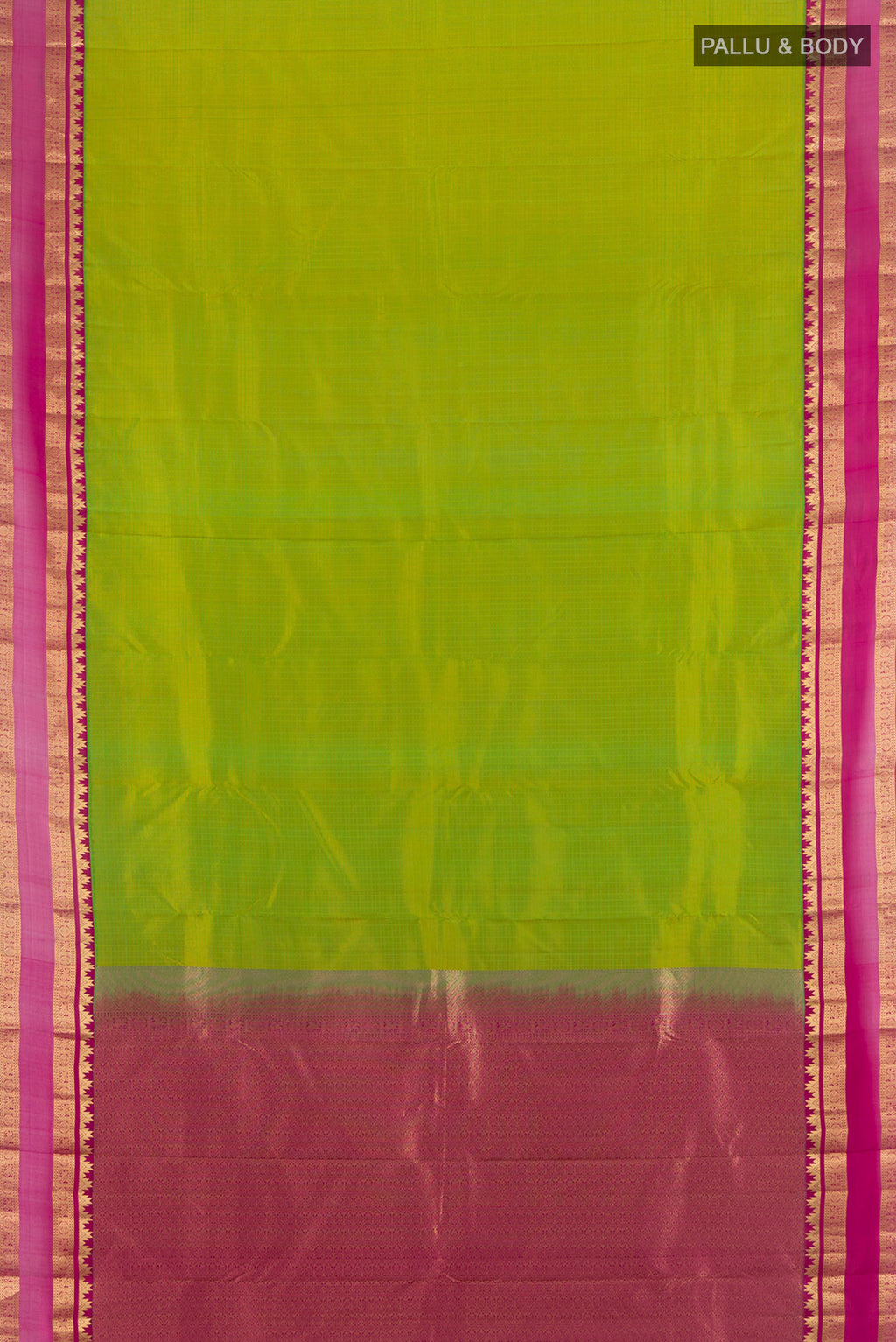 Flat view of Parrot Green Kanchipuram Silk Saree with Checked design on the body and Zari Border. 