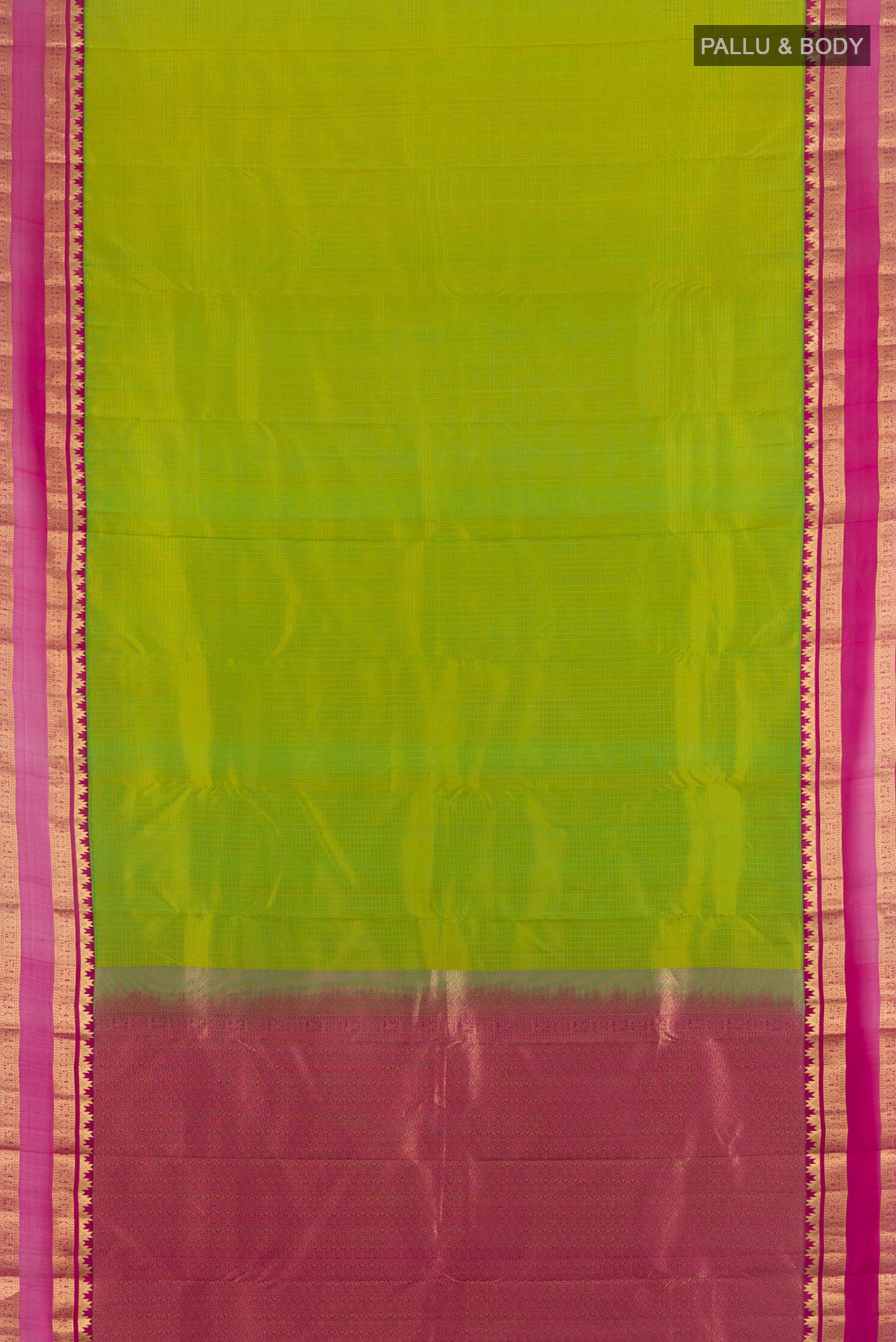 Flat view of Parrot Green Kanchipuram Silk Saree with Checked design on the body and Zari Border. 