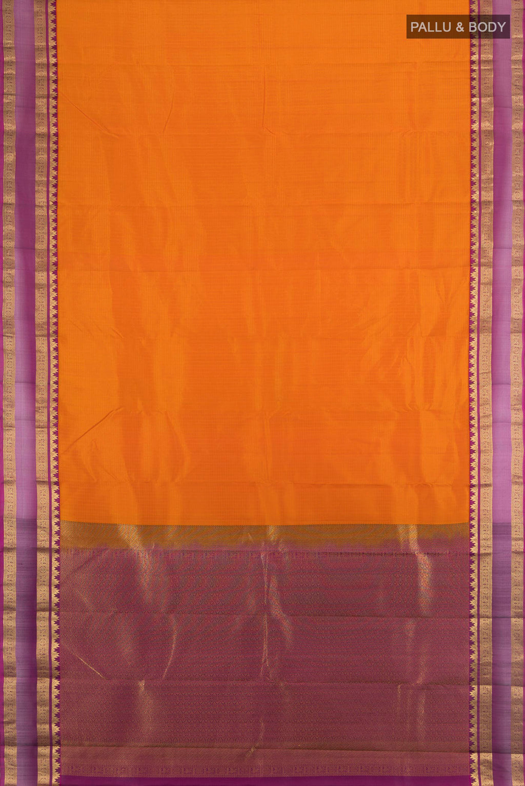 Flat view of Yellow Kanchipuram Silk Saree with Checked design on the body and Zari Border. 