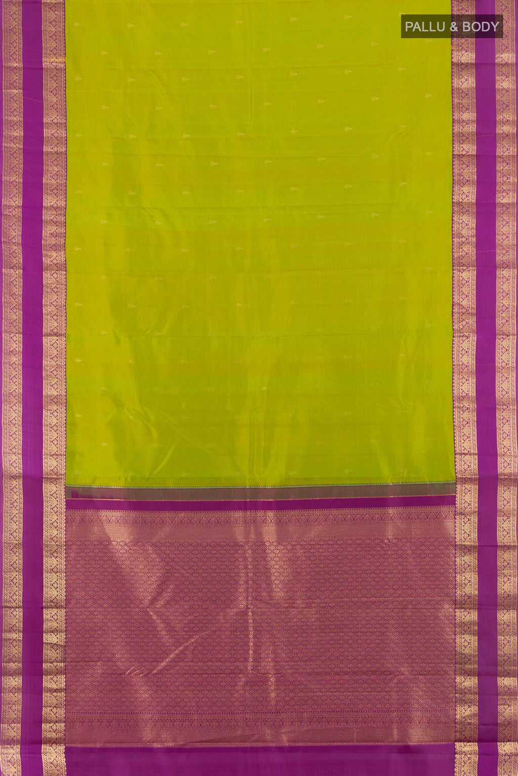 Flat view of Mehandi Green Kanchipuram Silk Saree with Zari Butta on the body and Zari Border. 