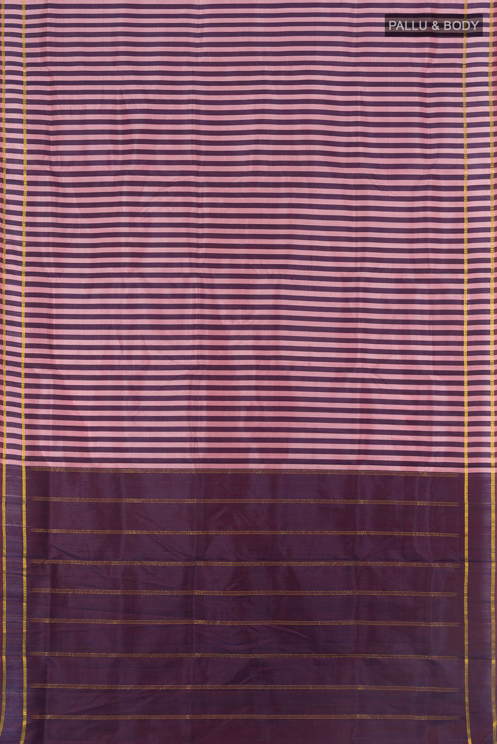 Flat view of Pure Silk Multi Color Kanjivaram Nine Yards Saree with Stripes on the body and Zari Border. 