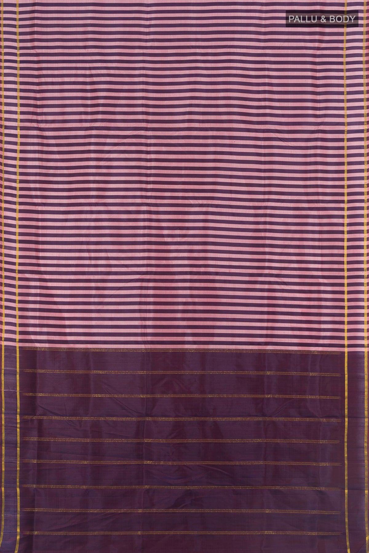 Flat view of Pure Silk Multi Color Kanjivaram Nine Yards Saree with Stripes on the body and Zari Border. 